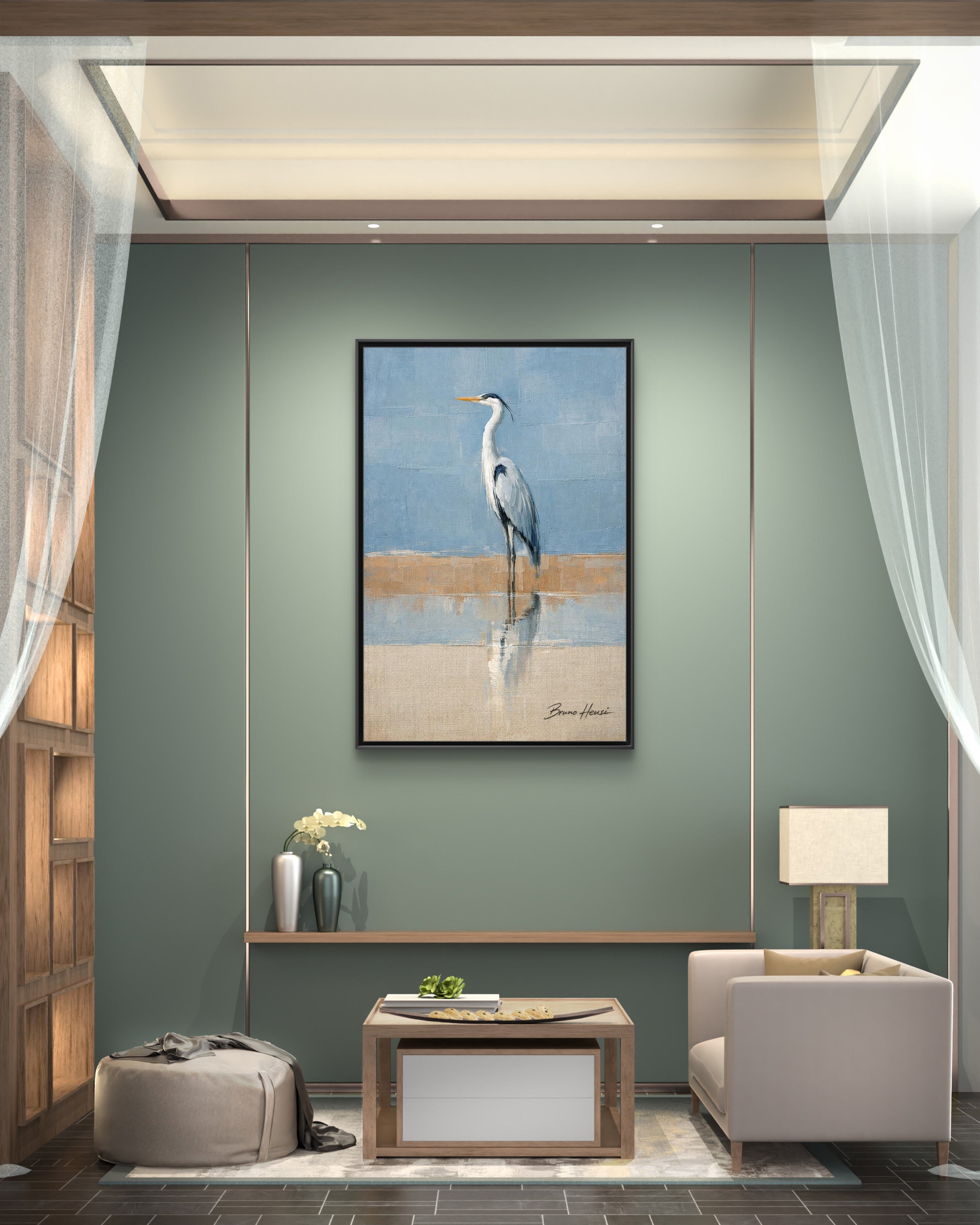 Framed Heron Canvas Art – Coastal Shorebird Wall Decor