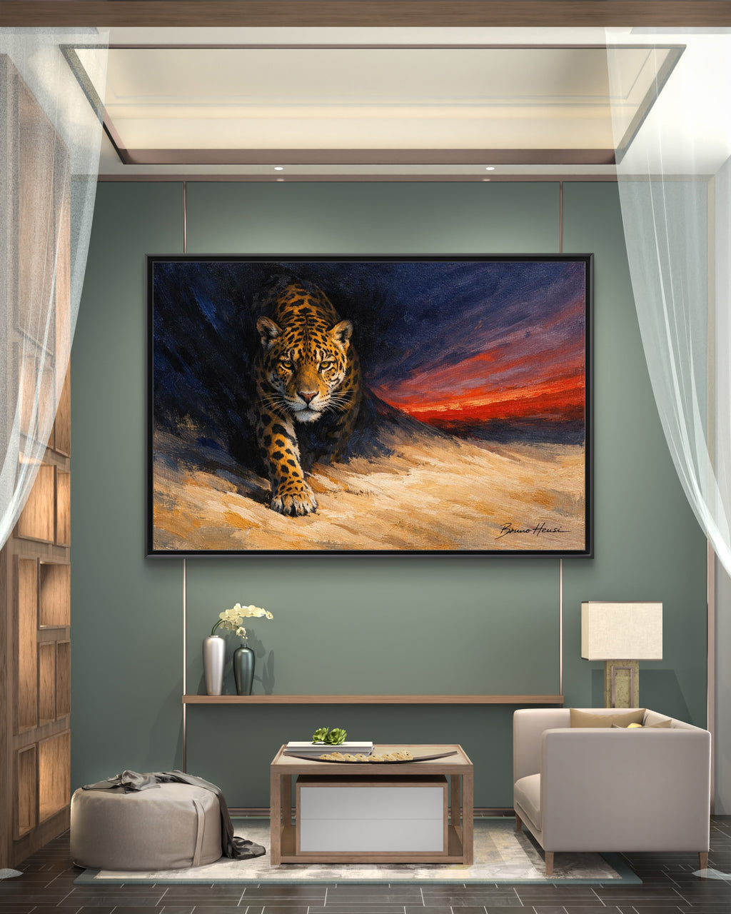 Framed Jaguar Canvas Art – Majestic Big Cat Painting with Sunset Sky