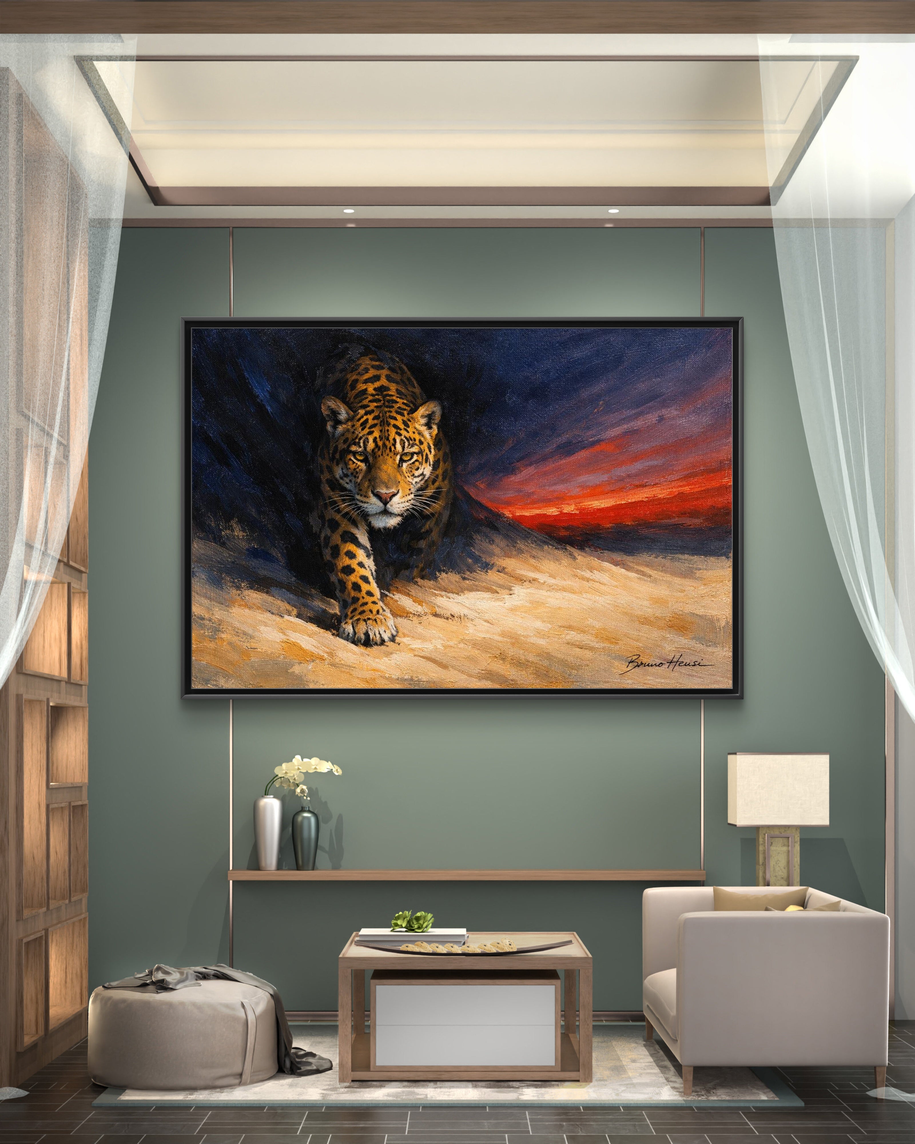 Framed Jaguar Canvas Art – Majestic Big Cat Painting with Sunset Sky