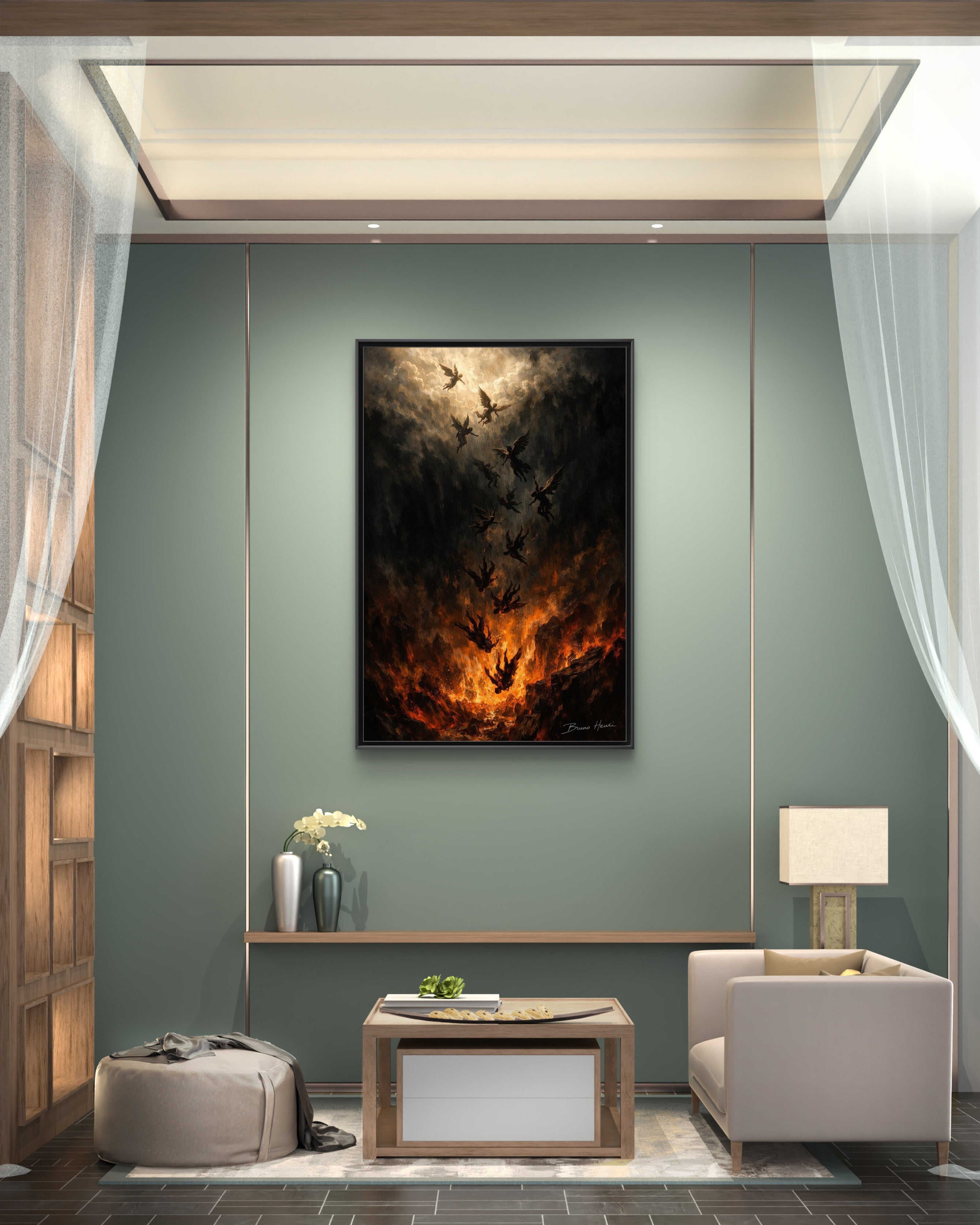Falling Angels Matte Framed Canvas Print — Dark Fantasy Wall Art