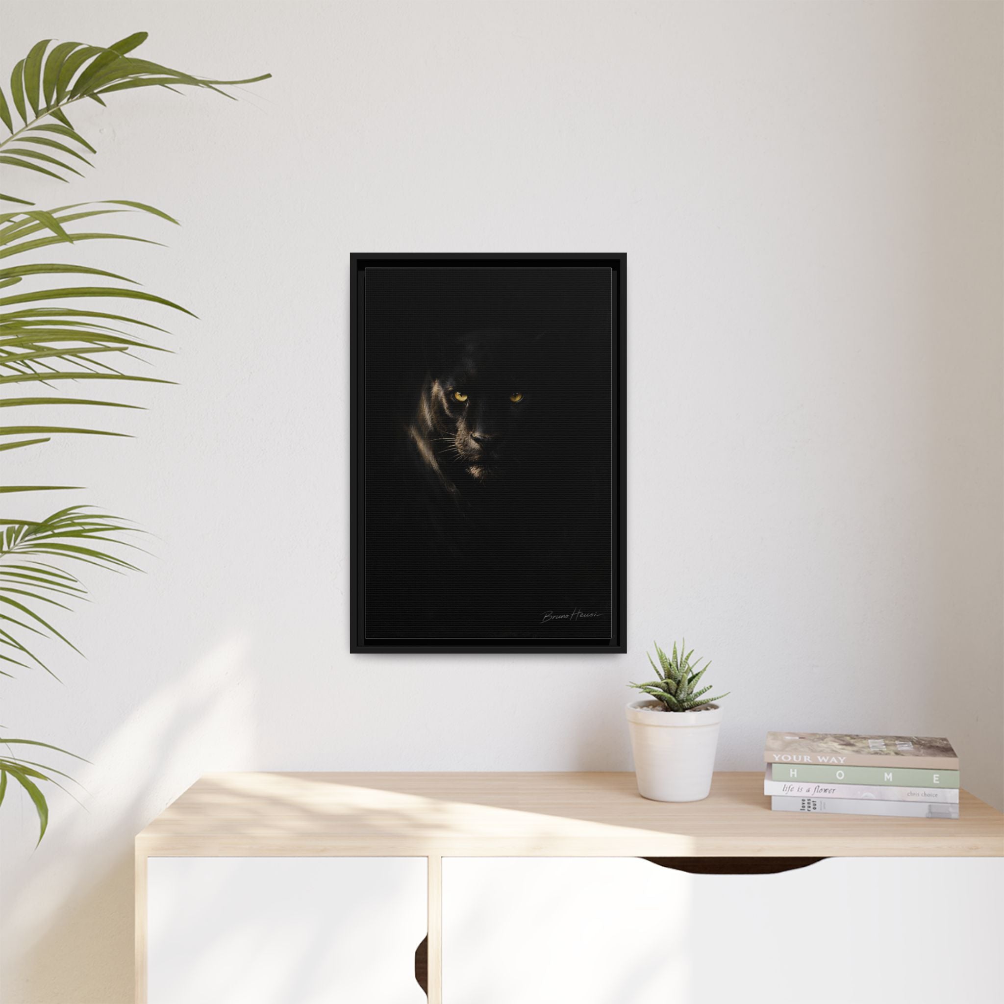 Framed Matte Canvas - Black Panther Wall Art with Golden Eyes