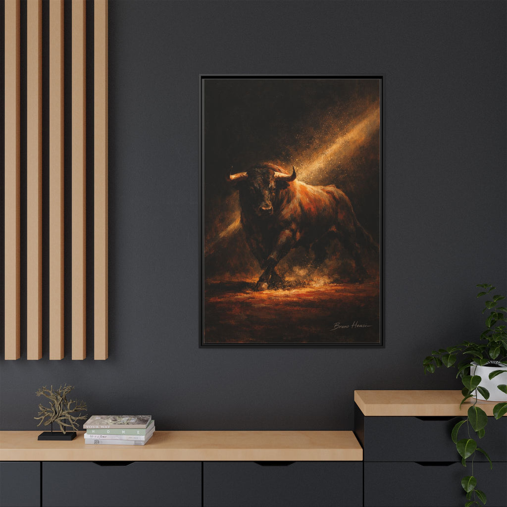Framed Matte Canvas Art - Dramatic Charging Bull Painting