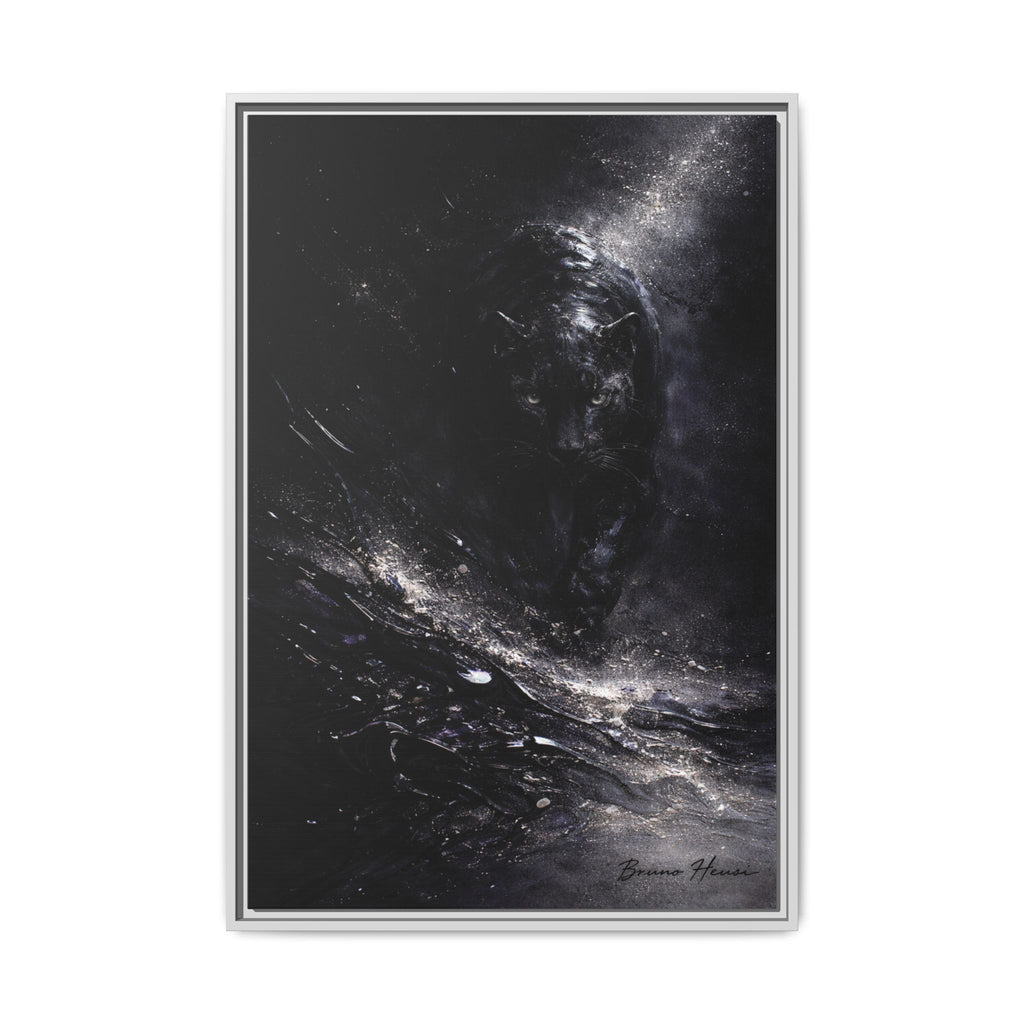 Cosmic Black Panther Matte Framed Canvas – Dark Abstract Wildlife Wall Art