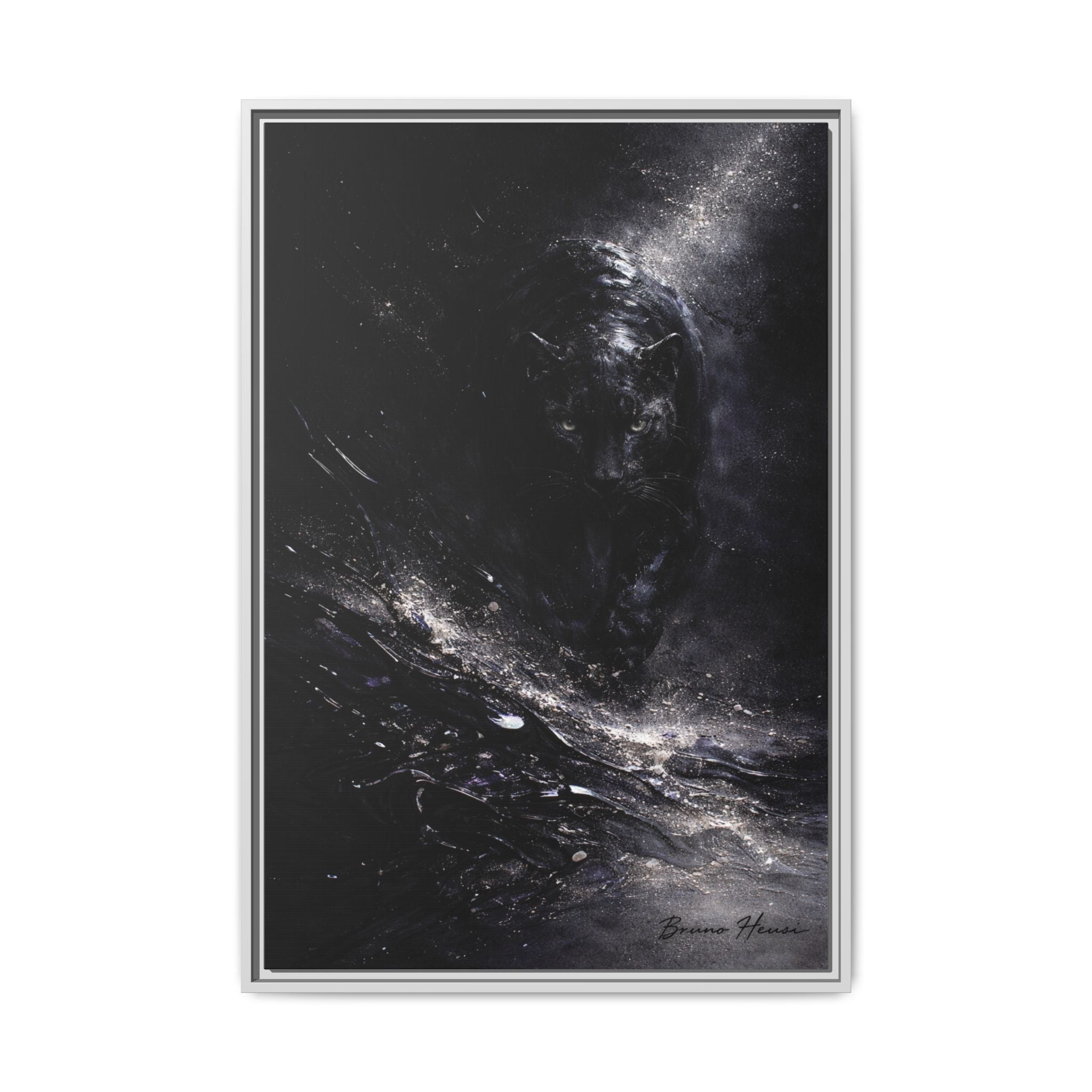 Cosmic Black Panther Matte Framed Canvas – Dark Abstract Wildlife Wall Art