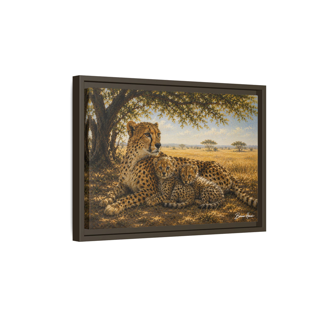 Cheetah Mother & Cubs Framed Canvas Wall Art – African Wildlife Safari Print