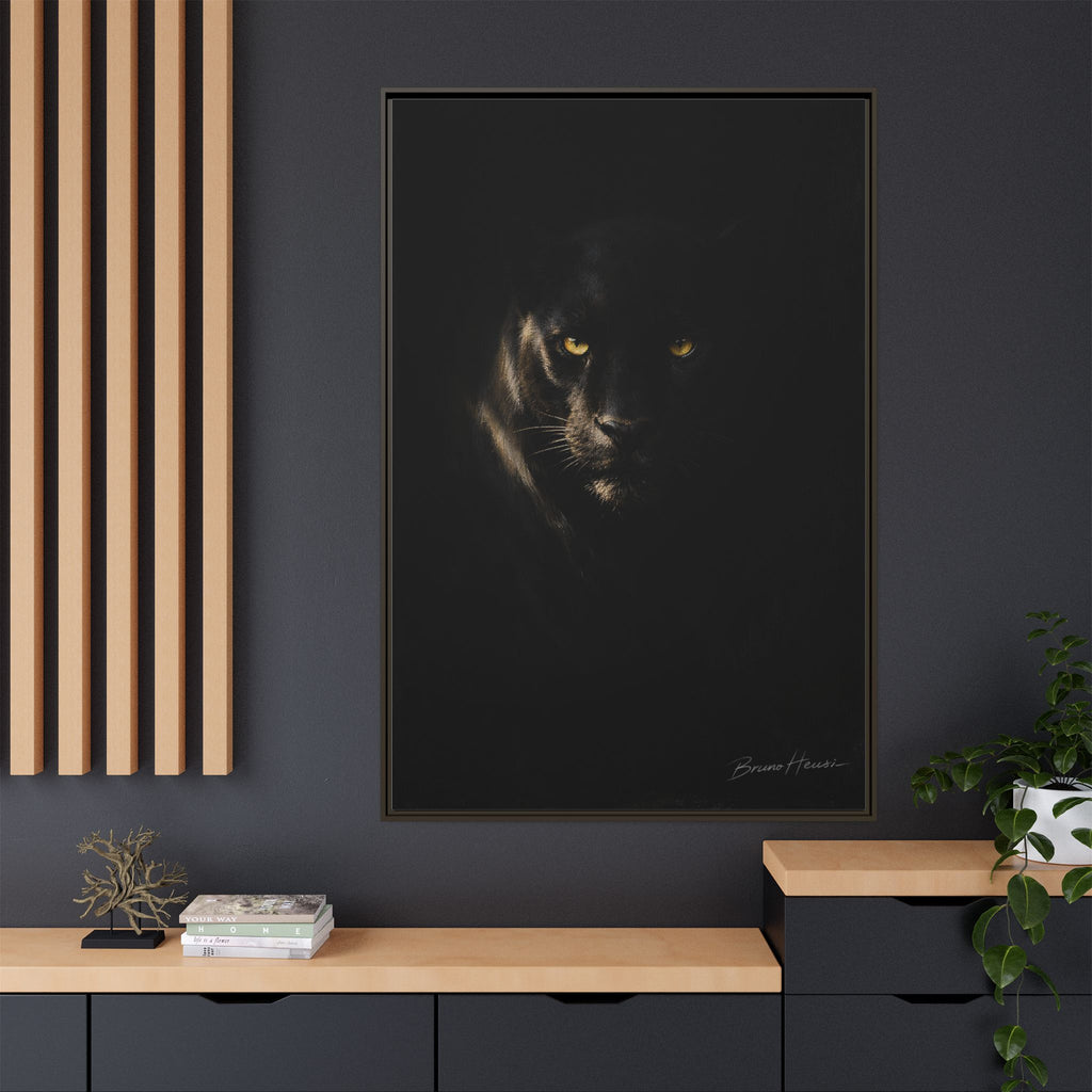 Framed Matte Canvas - Black Panther Wall Art with Golden Eyes