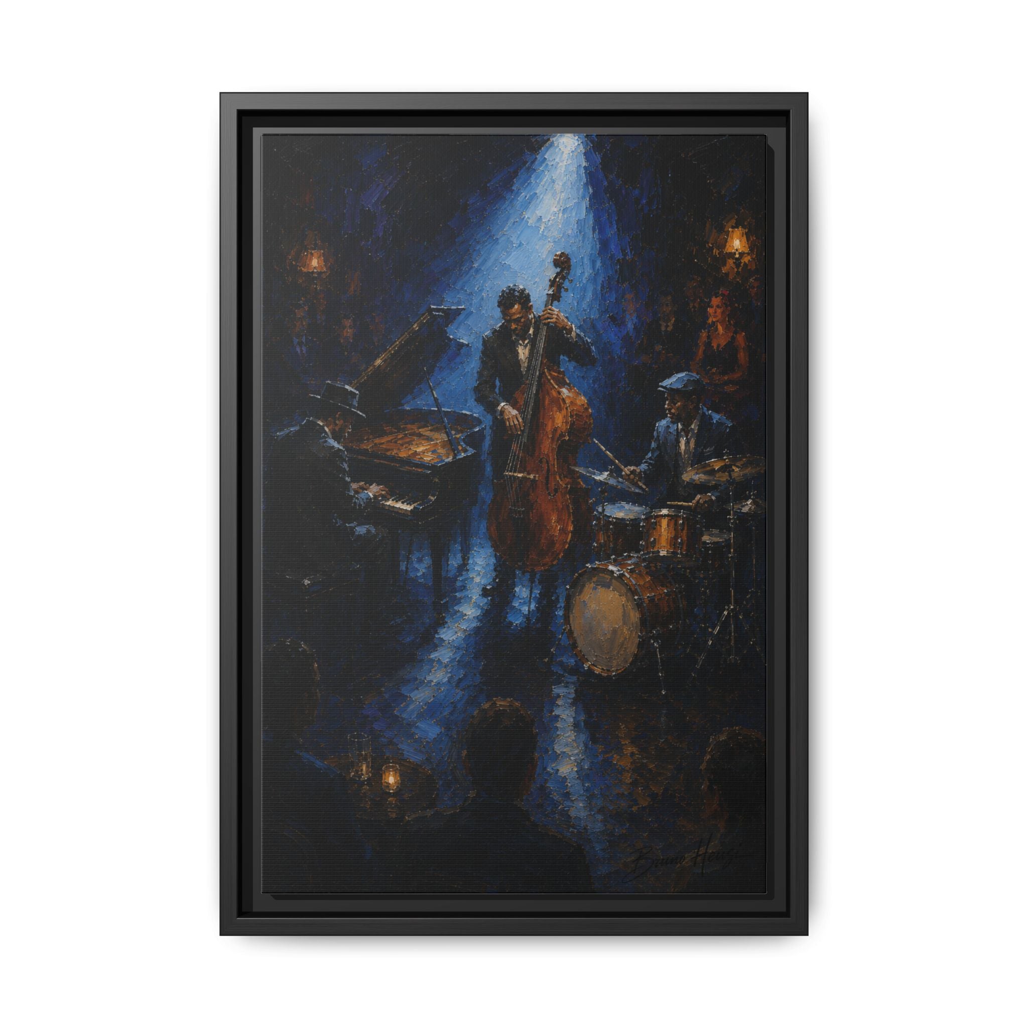 Framed Jazz Quartet Canvas Wall Art – Moody Blue Music Scene