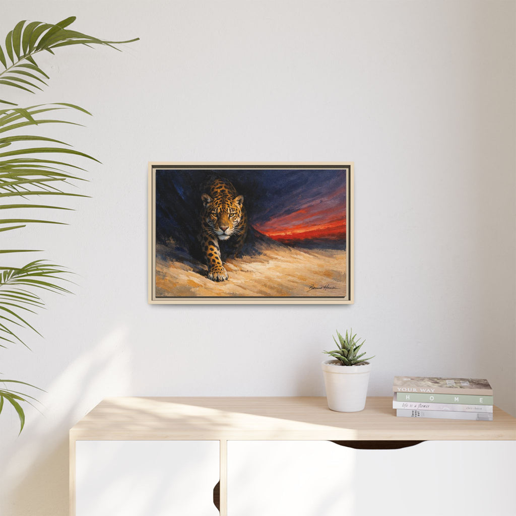 Framed Jaguar Canvas Art – Majestic Big Cat Painting with Sunset Sky