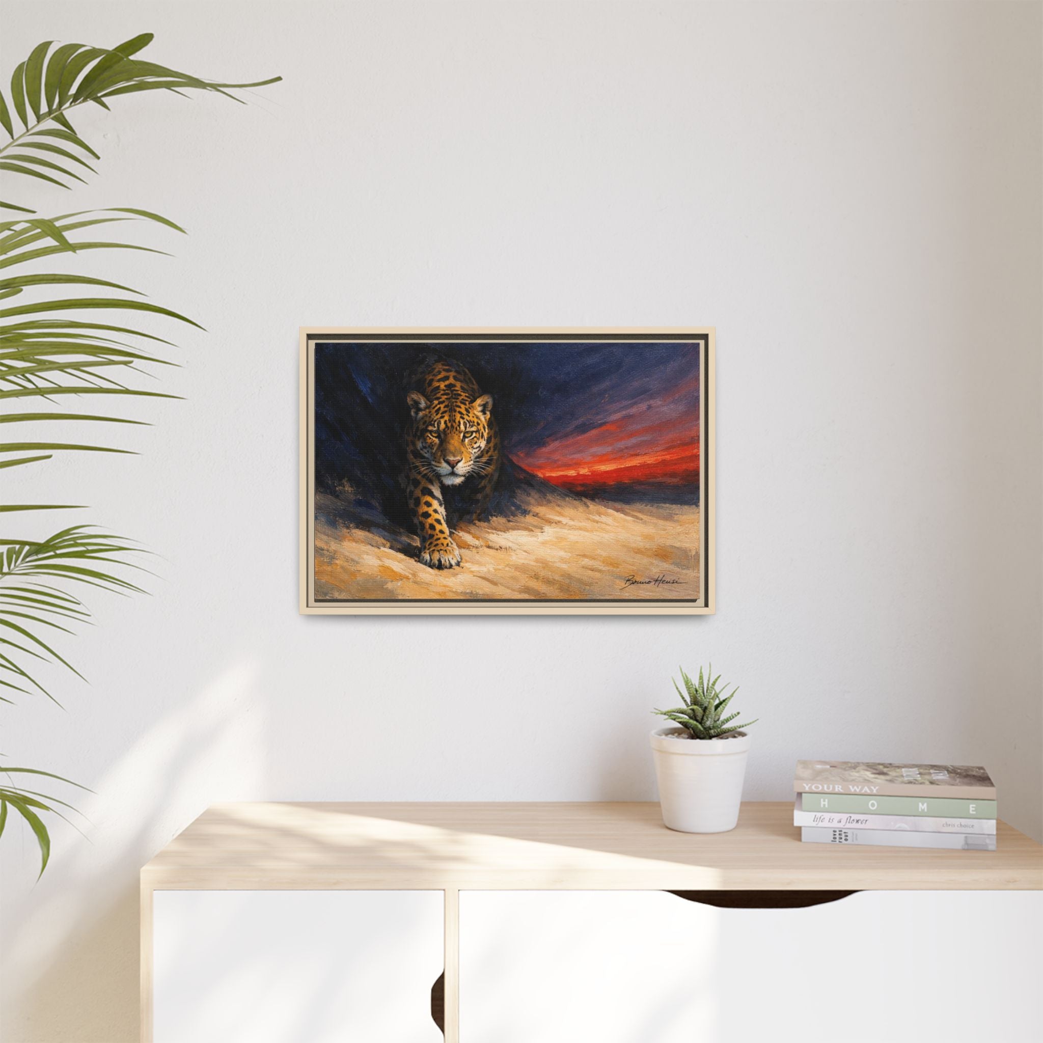 Framed Jaguar Canvas Art – Majestic Big Cat Painting with Sunset Sky