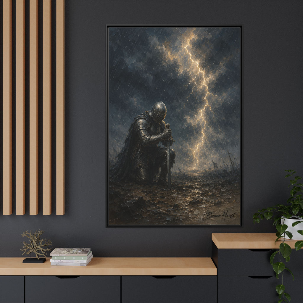 Knight in Thunderstorm Matte Framed Canvas — Dark Fantasy Wall Art