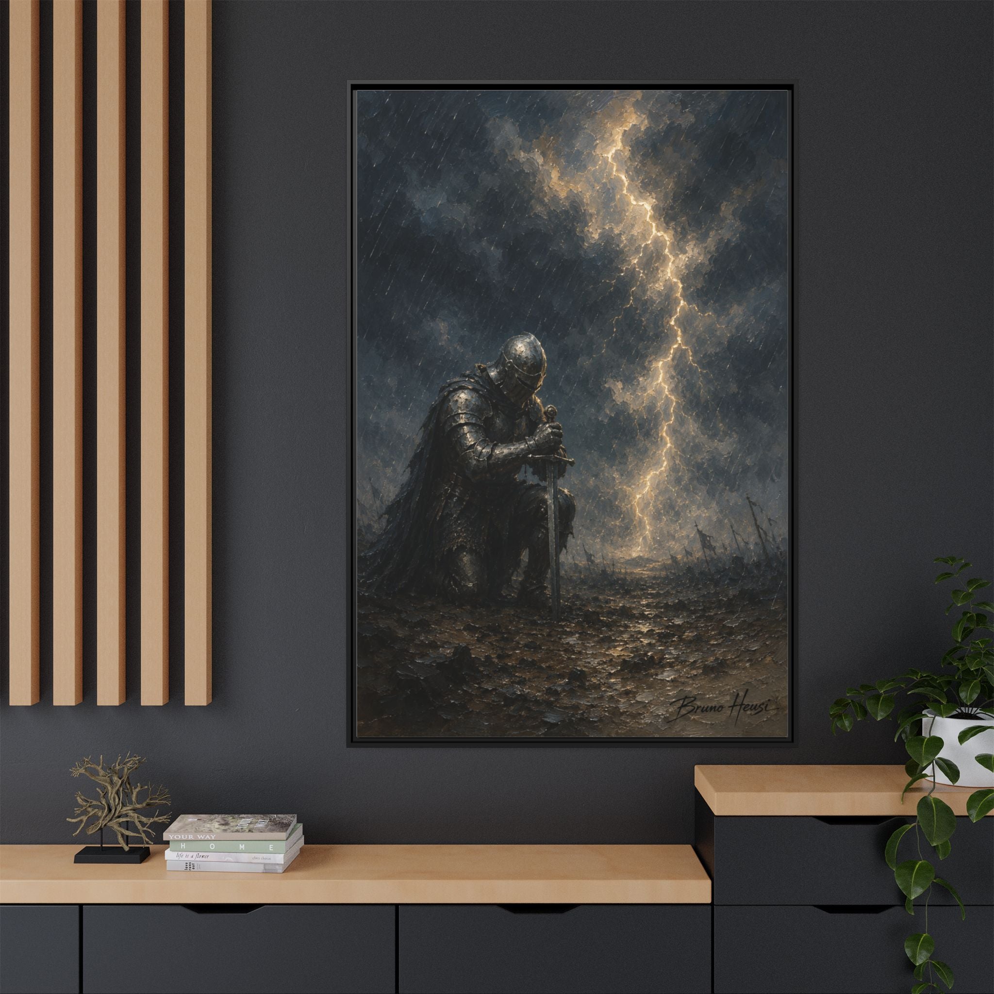 Knight in Thunderstorm Matte Framed Canvas — Dark Fantasy Wall Art
