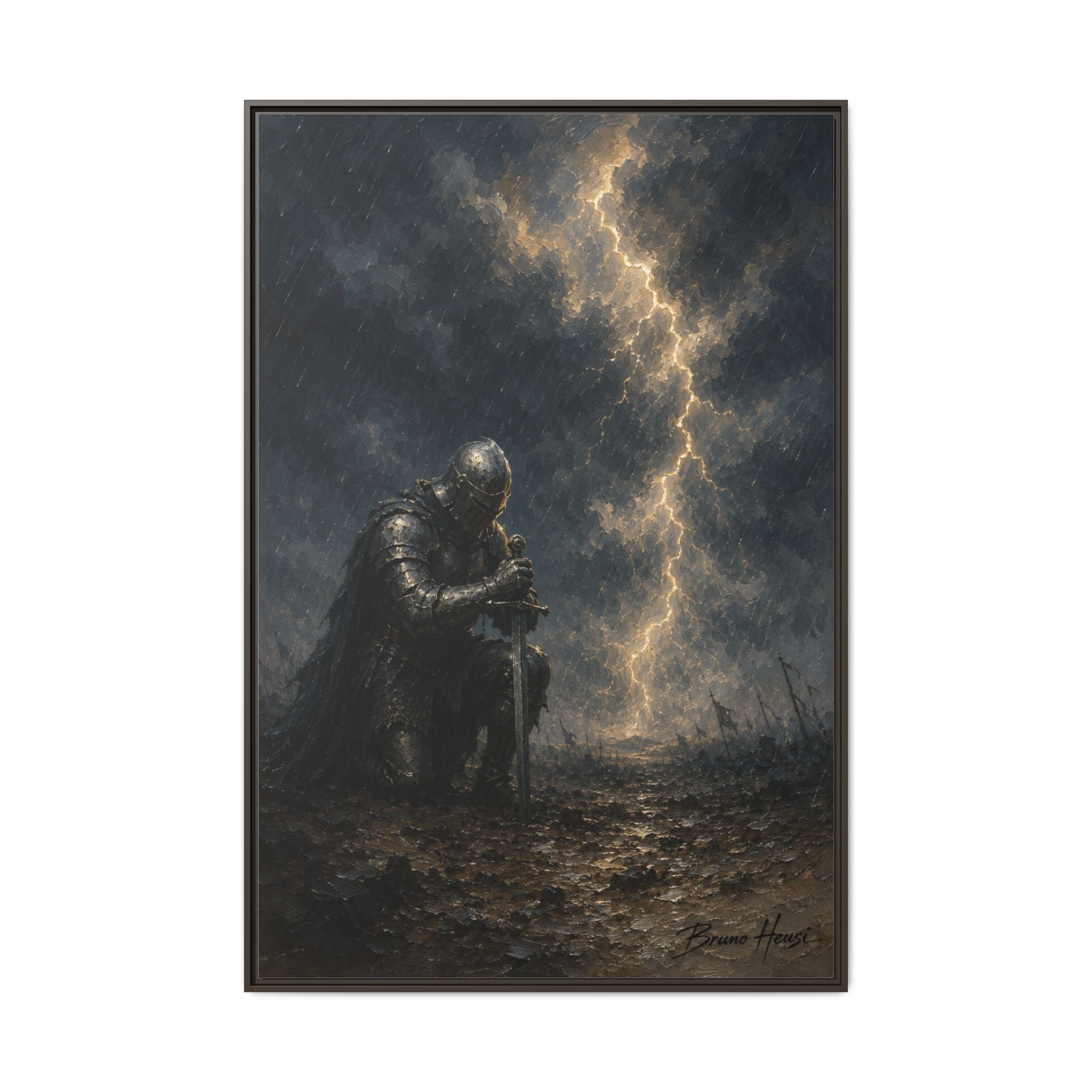 Knight in Thunderstorm Matte Framed Canvas — Dark Fantasy Wall Art