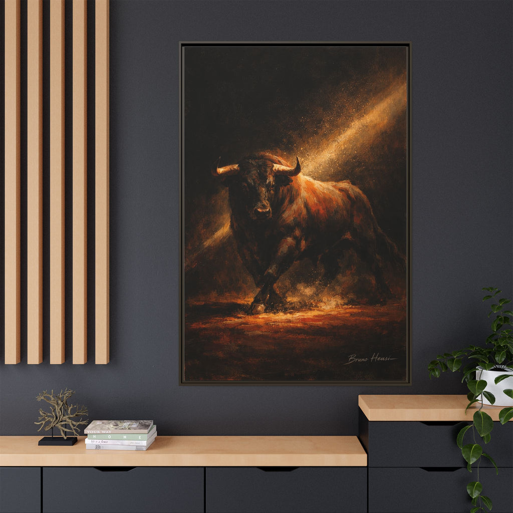 Framed Matte Canvas Art - Dramatic Charging Bull Painting