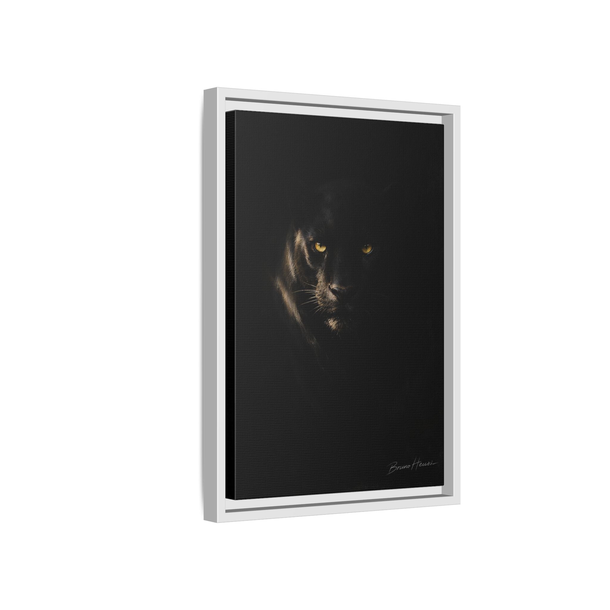 Framed Matte Canvas - Black Panther Wall Art with Golden Eyes