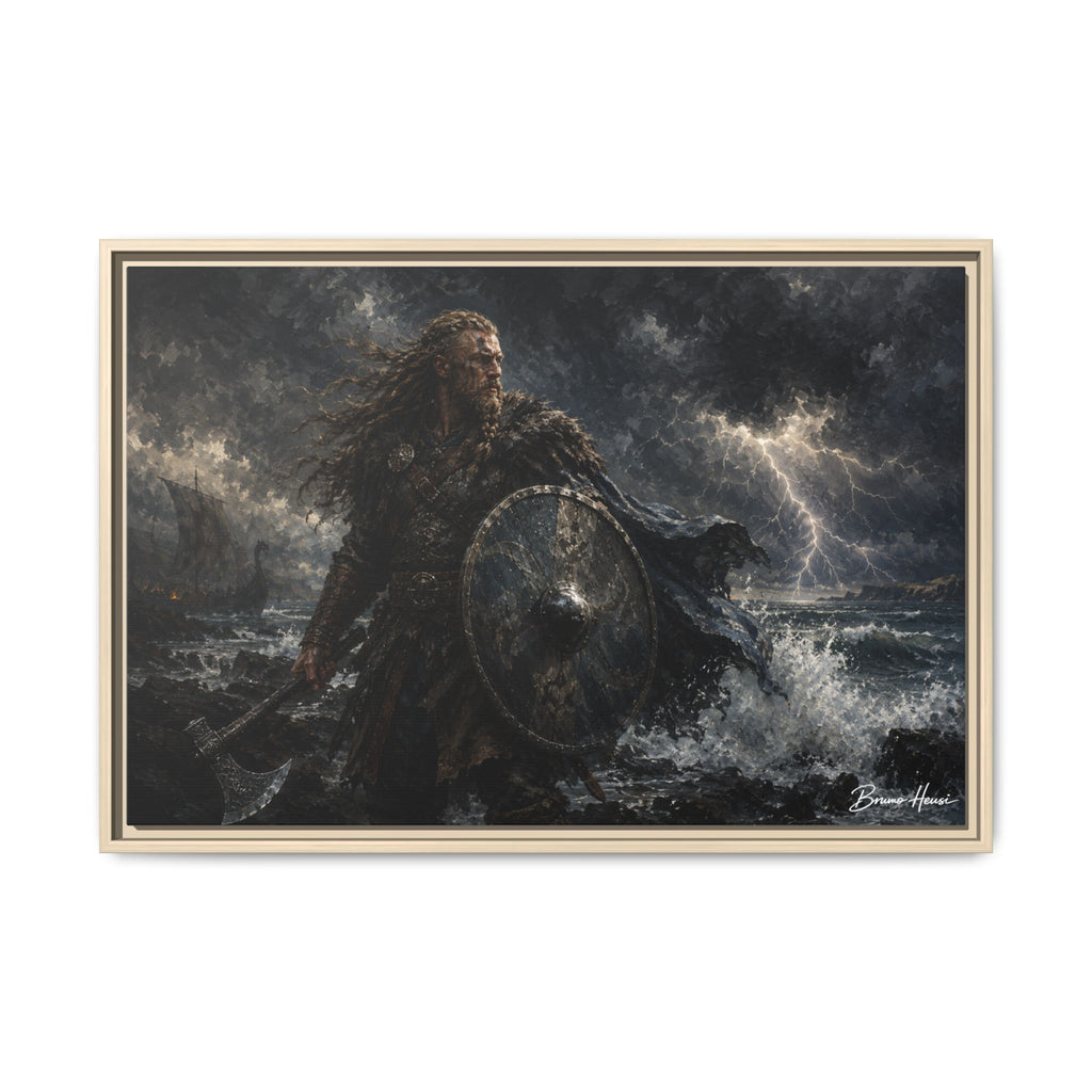 Viking Warrior Matte Framed Canvas Print — Stormy Norse Shield and Axe Wall Art