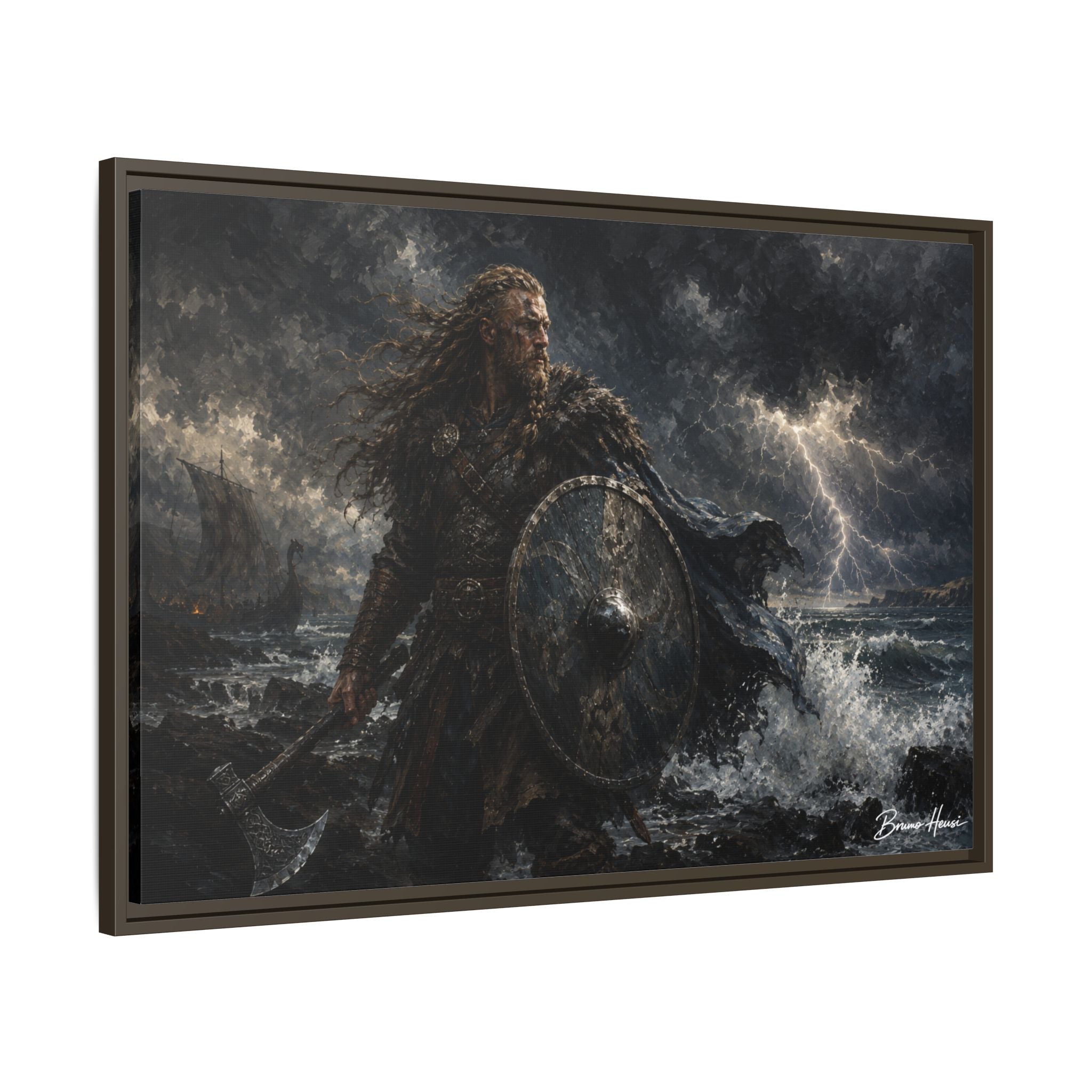 Viking Warrior Matte Framed Canvas Print — Stormy Norse Shield and Axe Wall Art