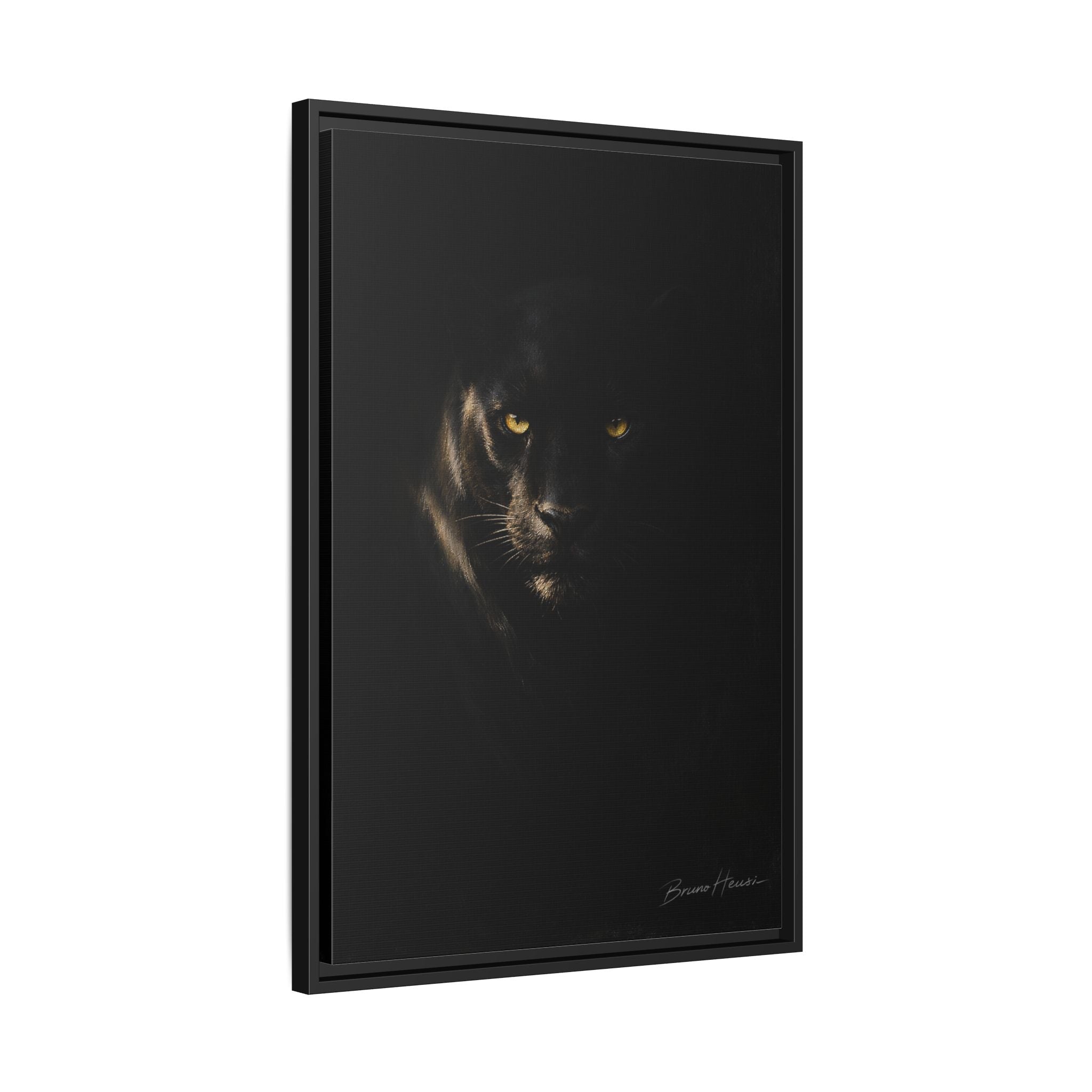 Framed Matte Canvas - Black Panther Wall Art with Golden Eyes