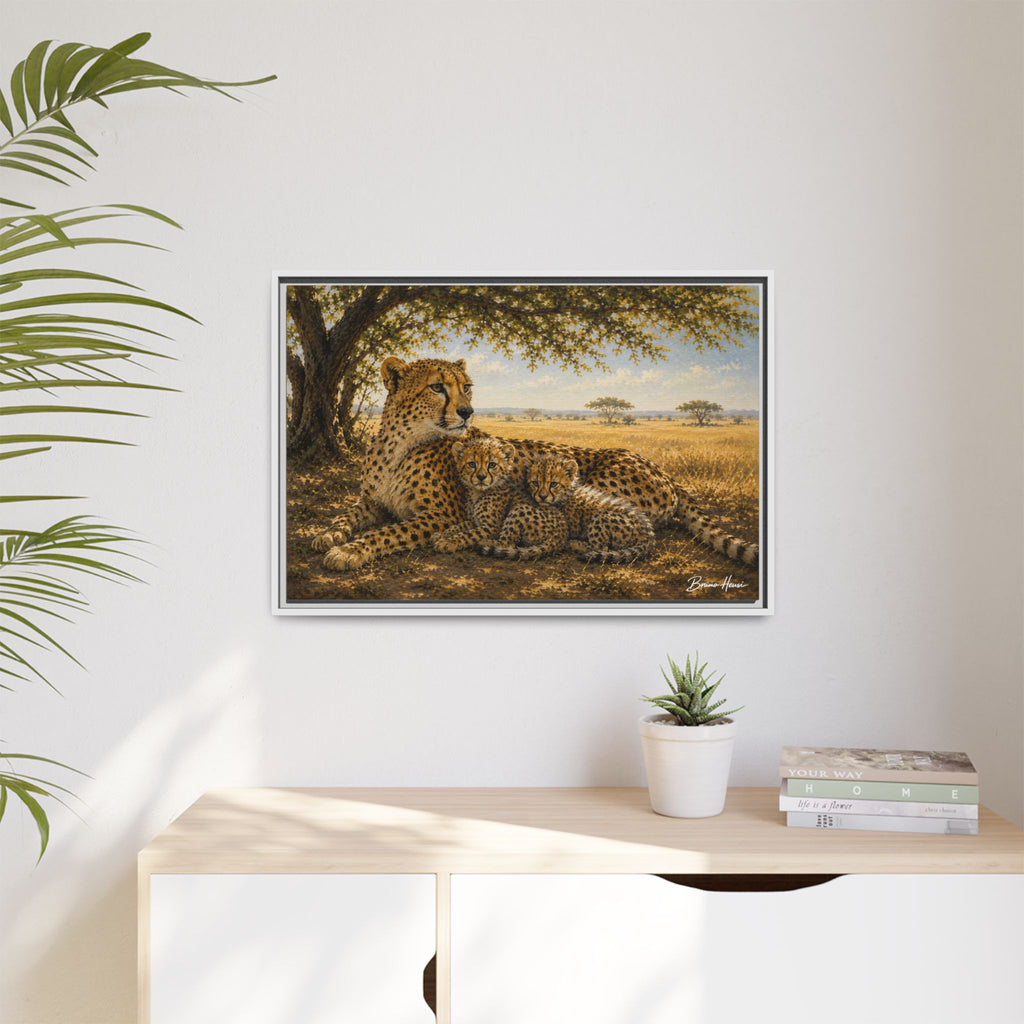 Cheetah Mother & Cubs Framed Canvas Wall Art – African Wildlife Safari Print