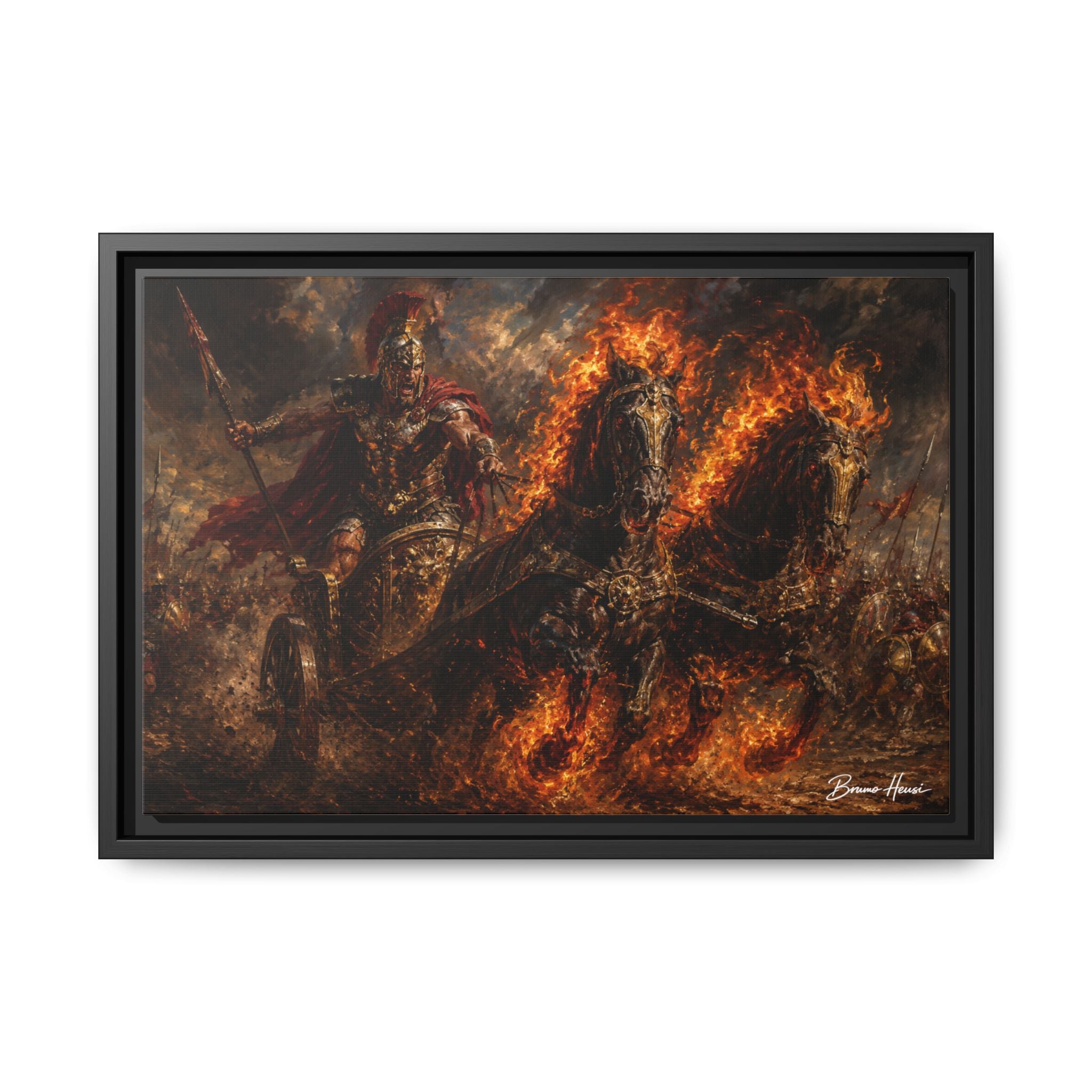 Flaming Chariot Framed Canvas Wall Art — Mythic Warrior Matte Print
