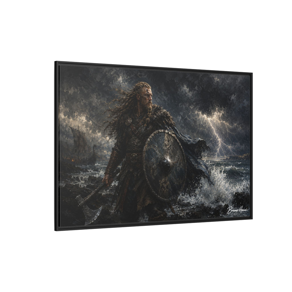 Viking Warrior Matte Framed Canvas Print — Stormy Norse Shield and Axe Wall Art