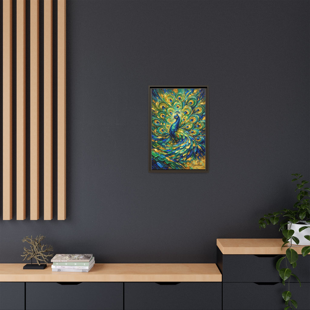 Peacock Oil-Style Framed Canvas Wall Art — Vibrant Blue & Gold Peacock Painting