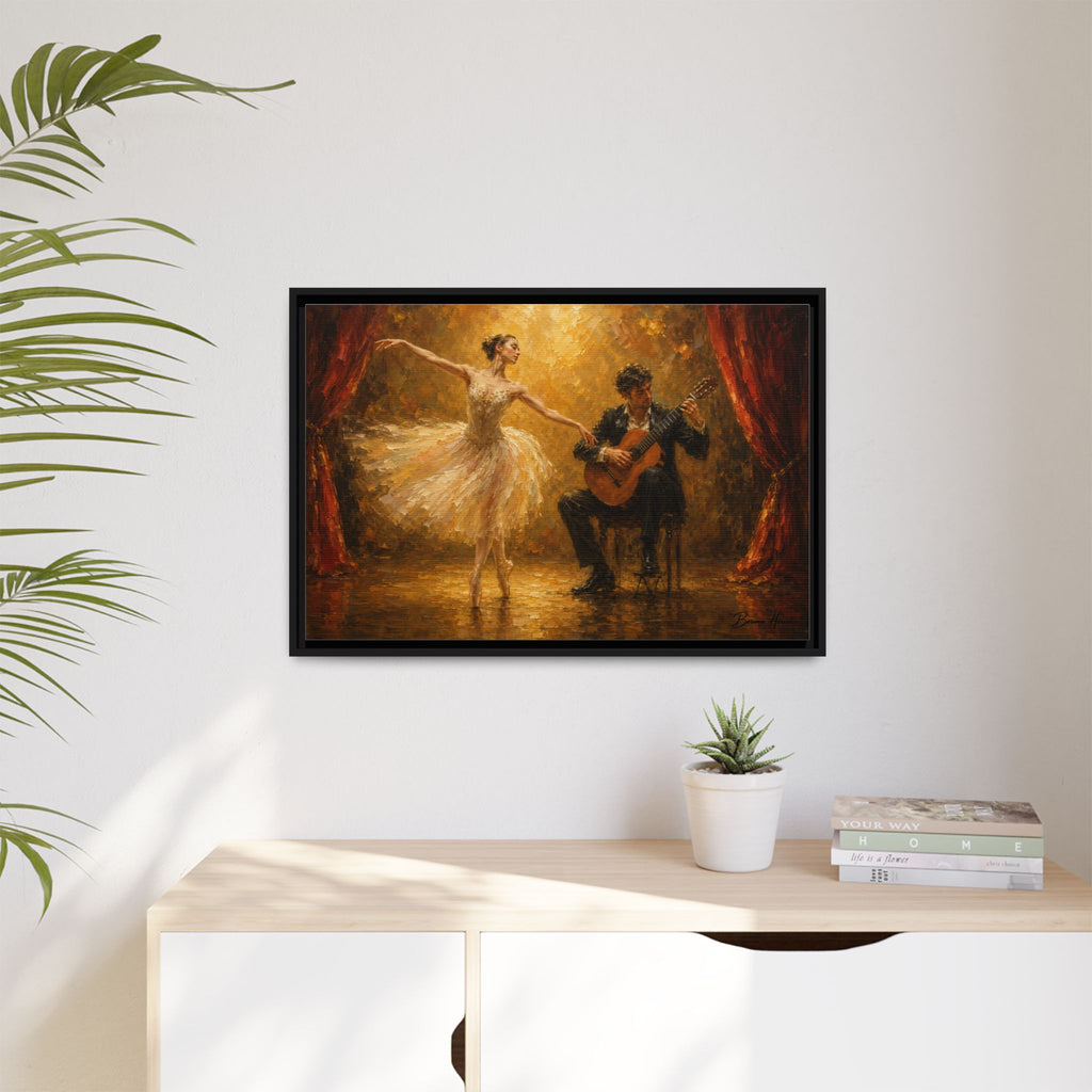 Ballet Dancer & Guitarist Framed Canvas Wall Art — Oil-Style Performance Print