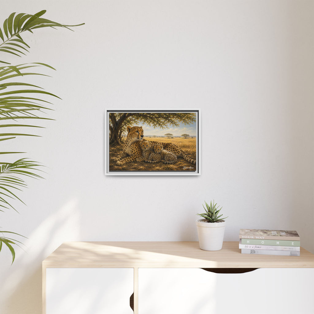 Cheetah Mother & Cubs Framed Canvas Wall Art – African Wildlife Safari Print