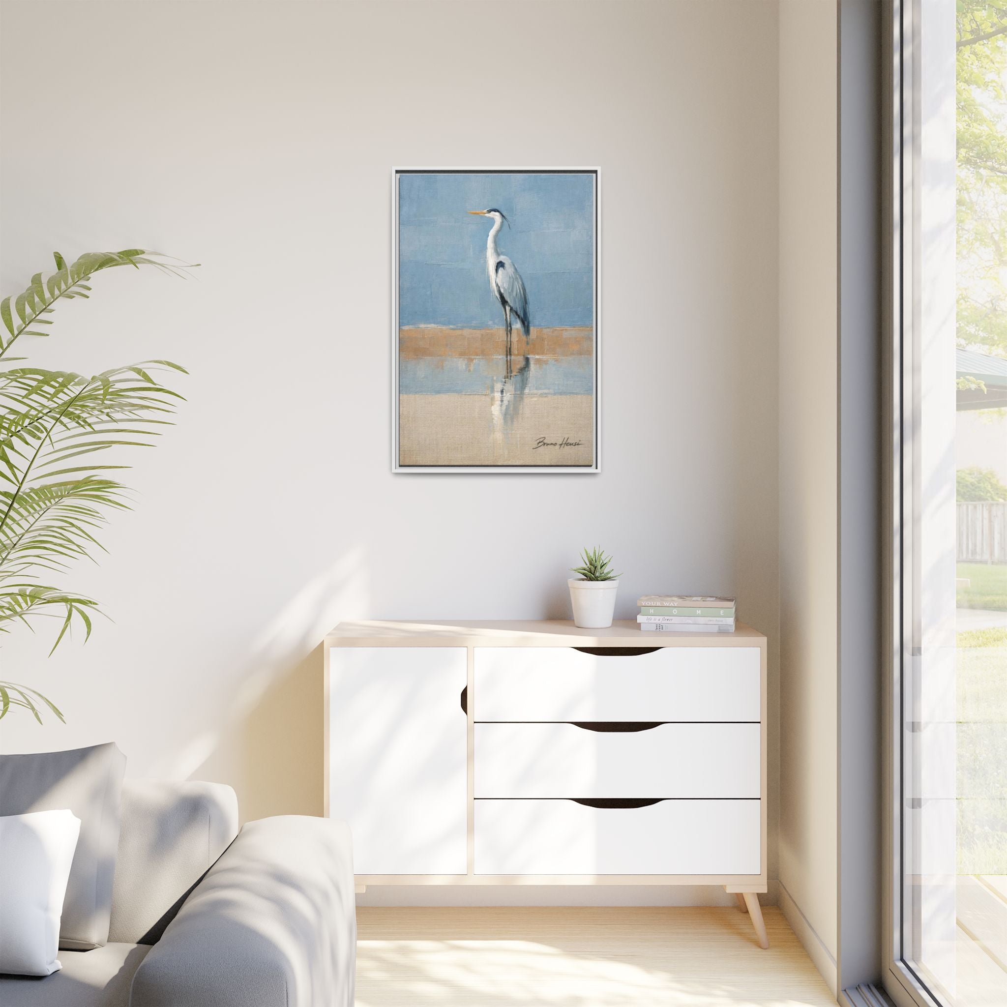 Framed Heron Canvas Art – Coastal Shorebird Wall Decor