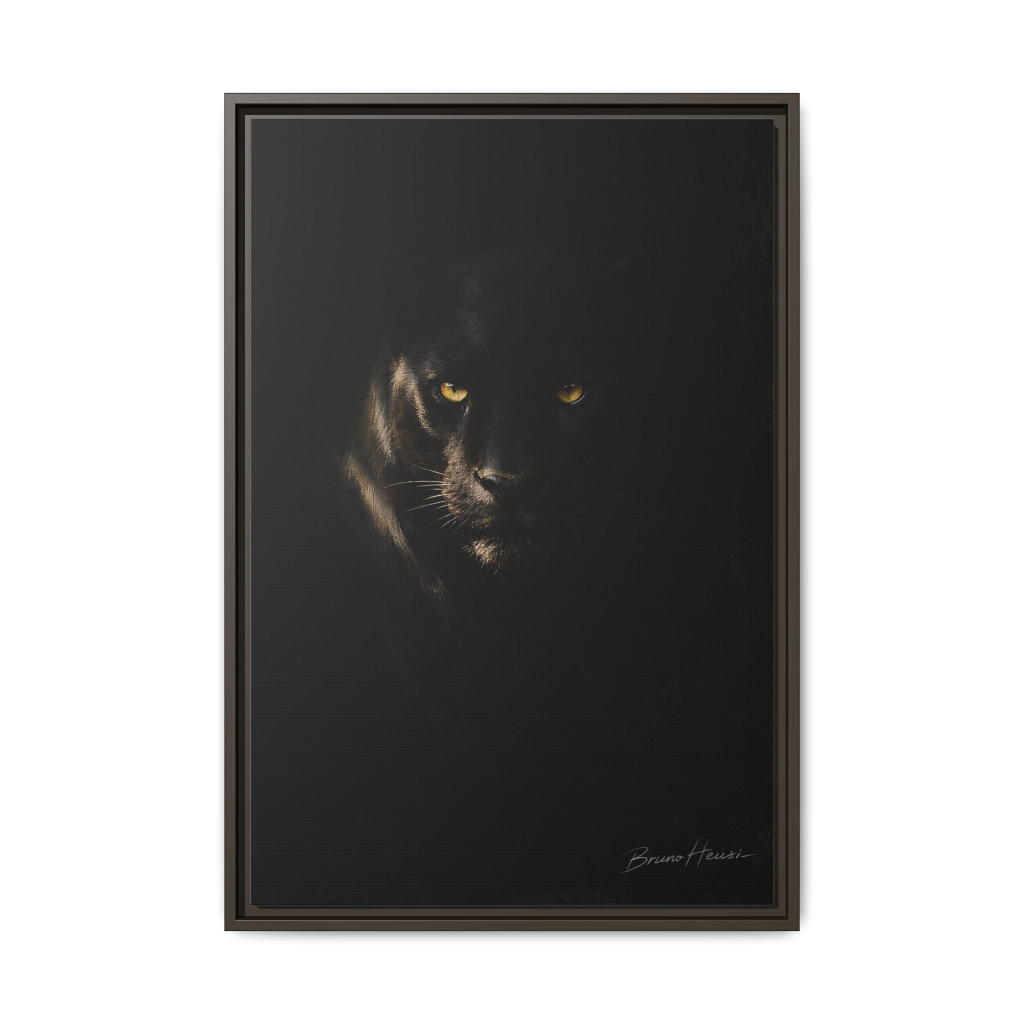 Framed Matte Canvas - Black Panther Wall Art with Golden Eyes