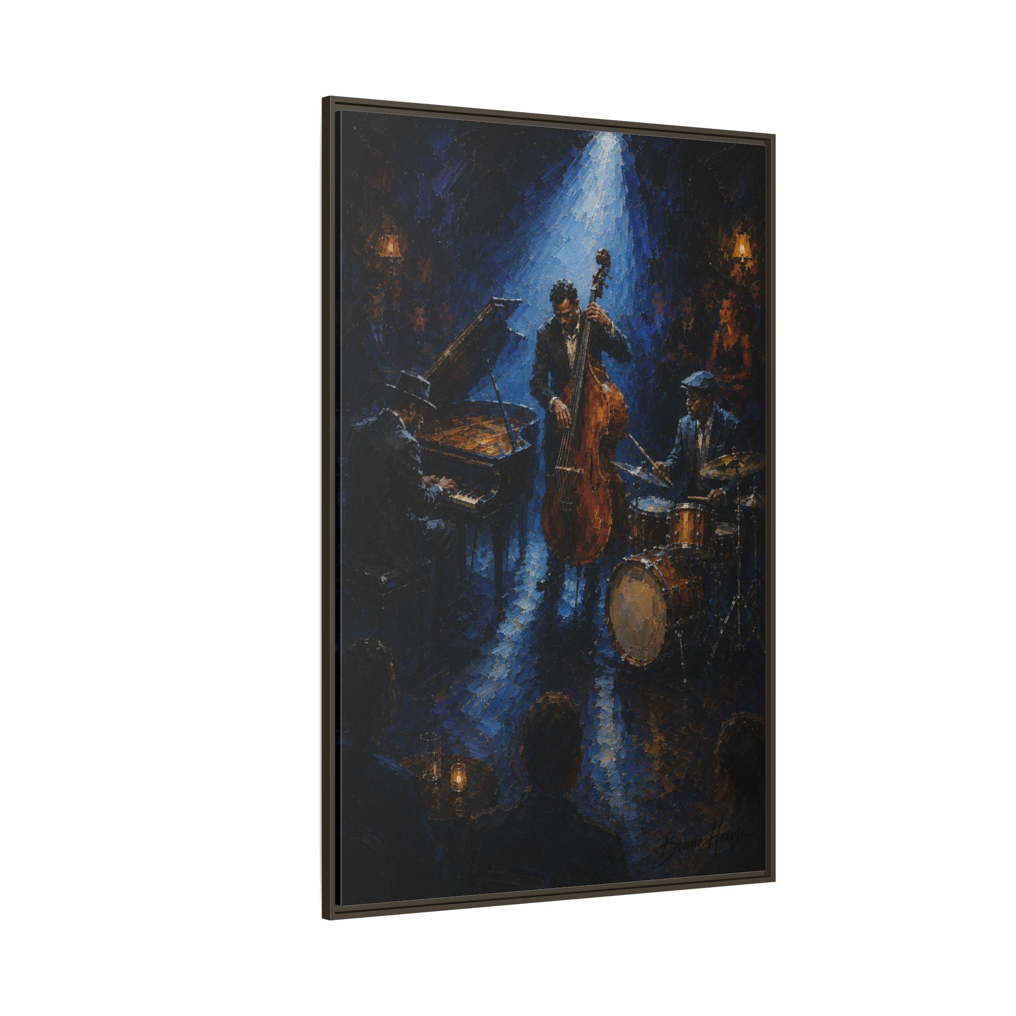 Framed Jazz Quartet Canvas Wall Art – Moody Blue Music Scene