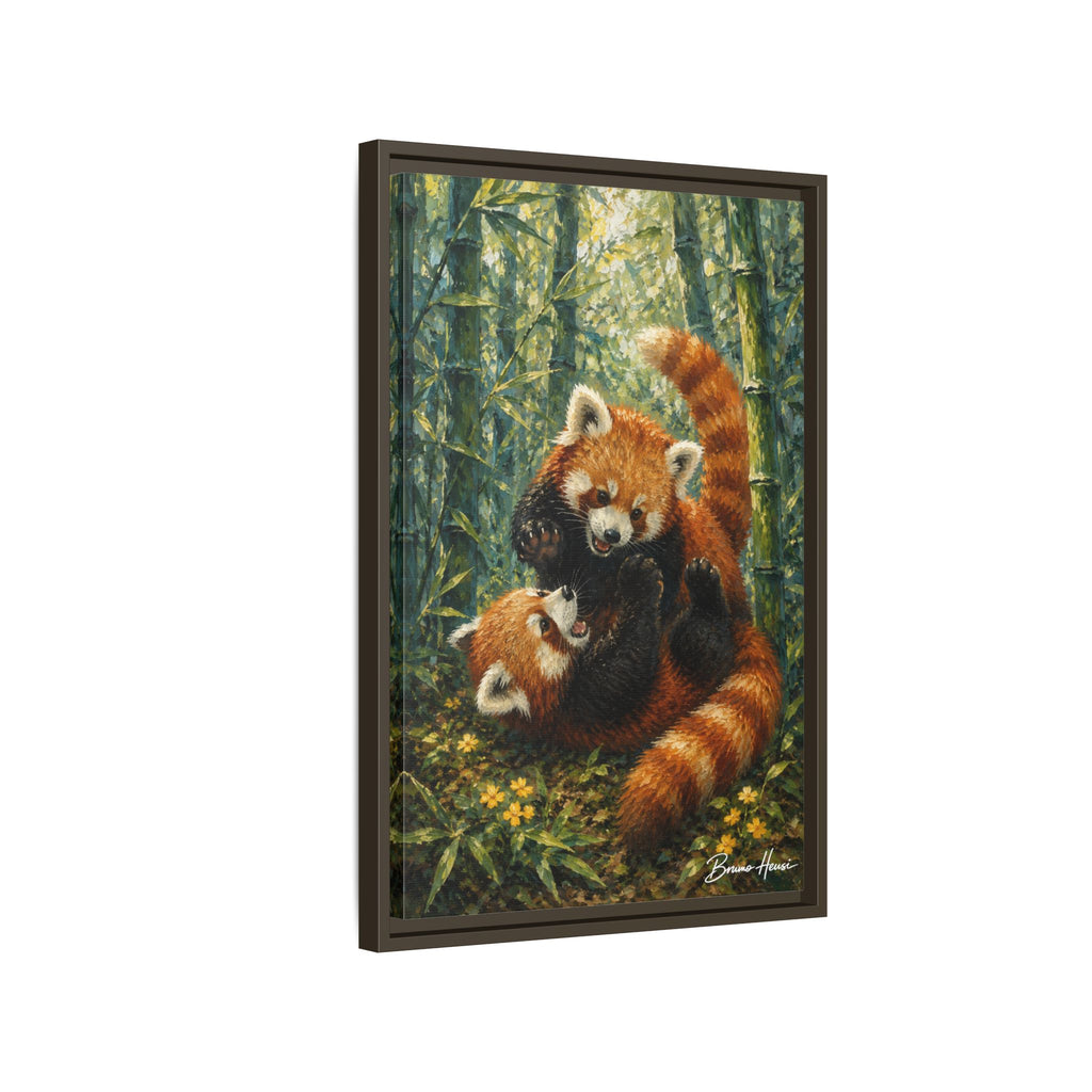 Red Panda Playtime Framed Canvas Wall Art — Playful Wildlife Print