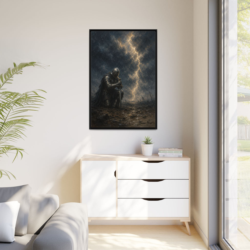 Knight in Thunderstorm Matte Framed Canvas — Dark Fantasy Wall Art