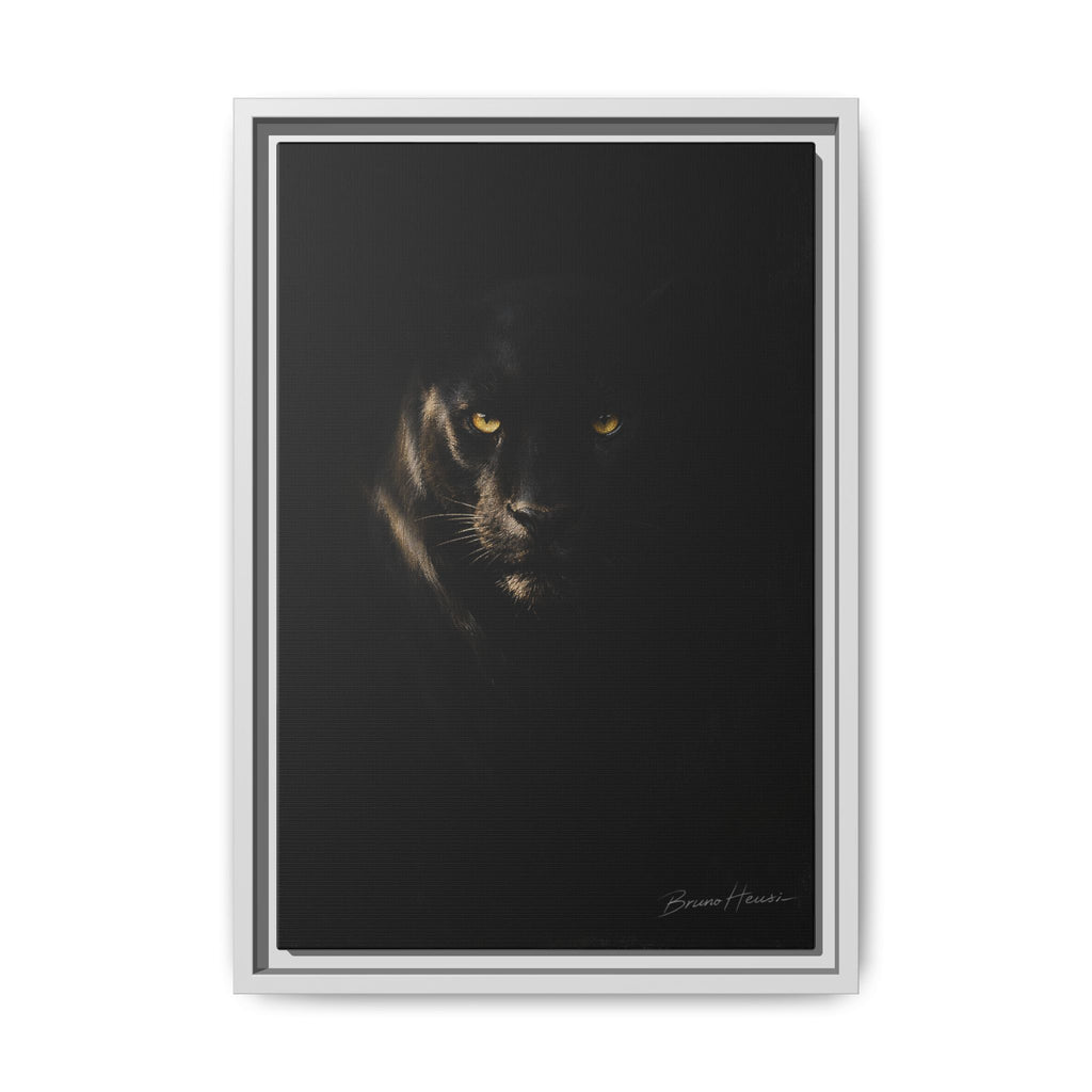 Framed Matte Canvas - Black Panther Wall Art with Golden Eyes
