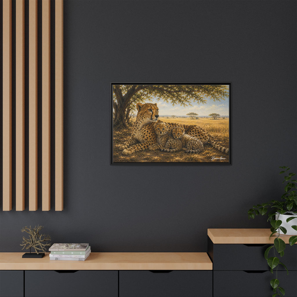 Cheetah Mother & Cubs Framed Canvas Wall Art – African Wildlife Safari Print