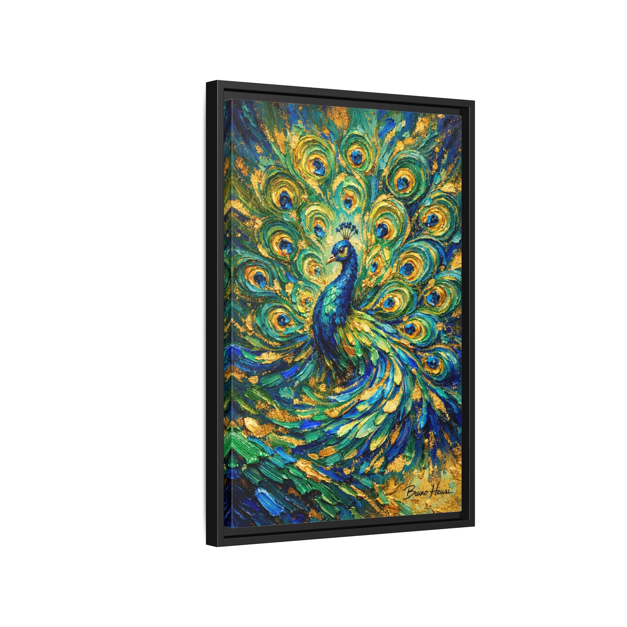 Peacock Oil-Style Framed Canvas Wall Art — Vibrant Blue & Gold Peacock Painting