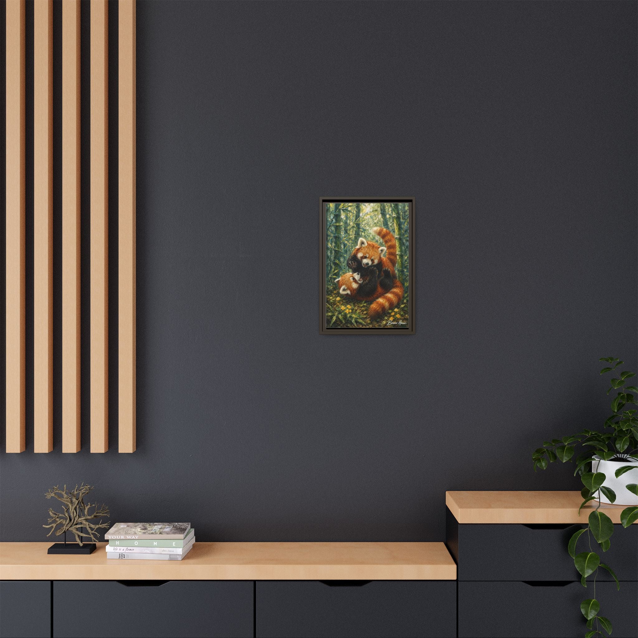 Red Panda Playtime Framed Canvas Wall Art — Playful Wildlife Print