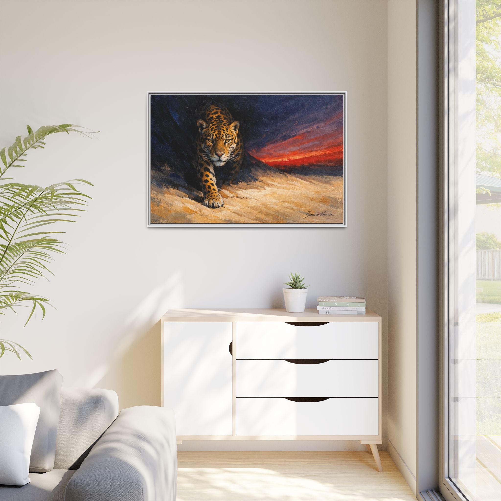 Framed Jaguar Canvas Art – Majestic Big Cat Painting with Sunset Sky