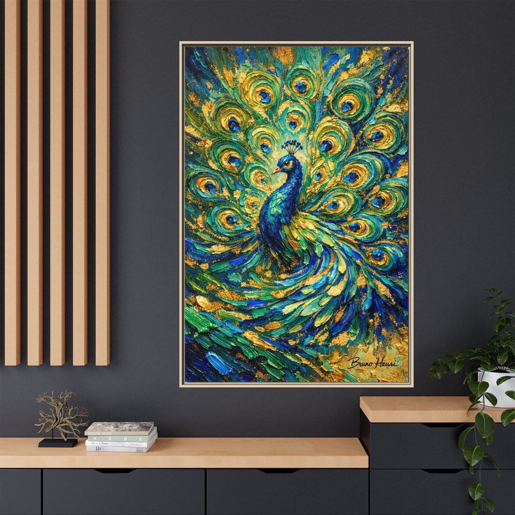 Peacock Oil-Style Framed Canvas Wall Art — Vibrant Blue & Gold Peacock Painting