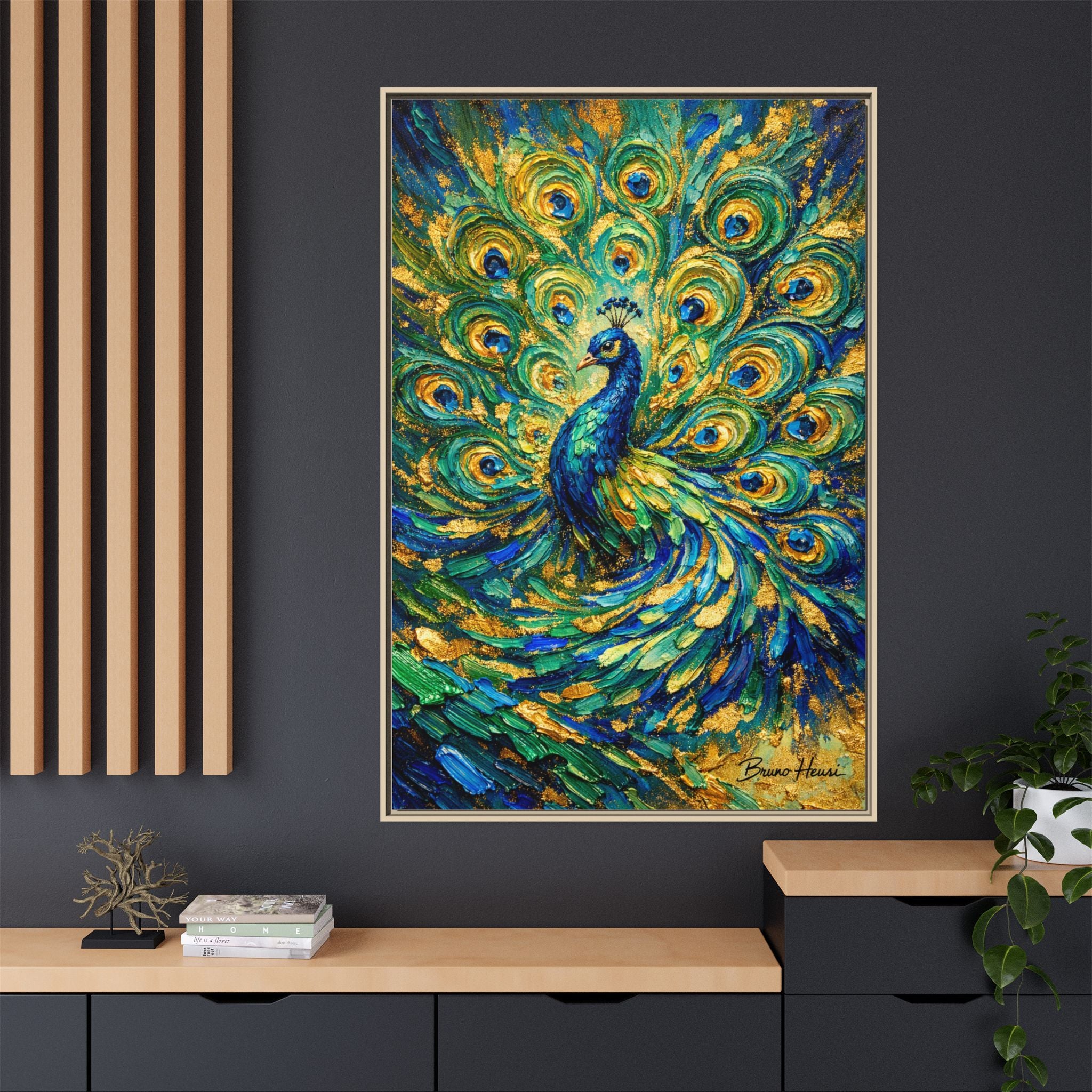 Peacock Oil-Style Framed Canvas Wall Art — Vibrant Blue & Gold Peacock Painting
