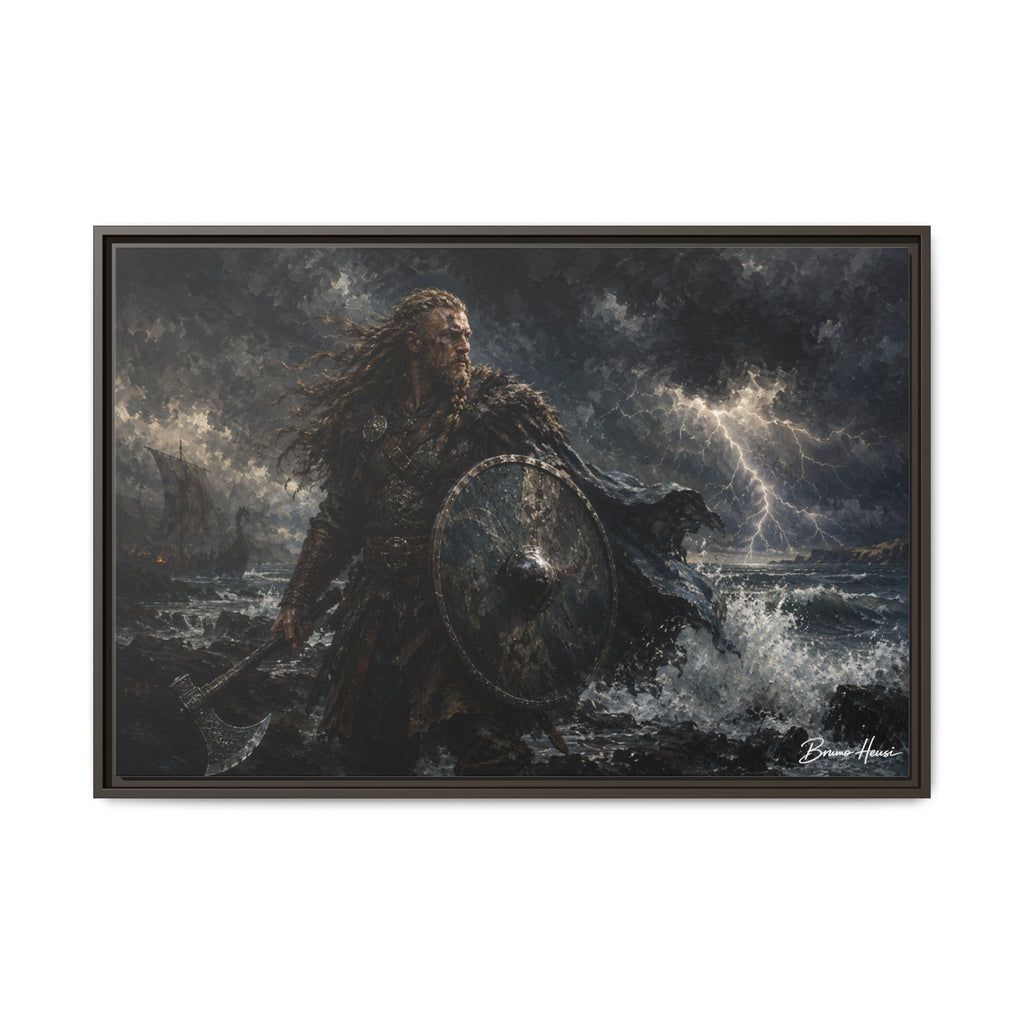 Viking Warrior Matte Framed Canvas Print — Stormy Norse Shield and Axe Wall Art