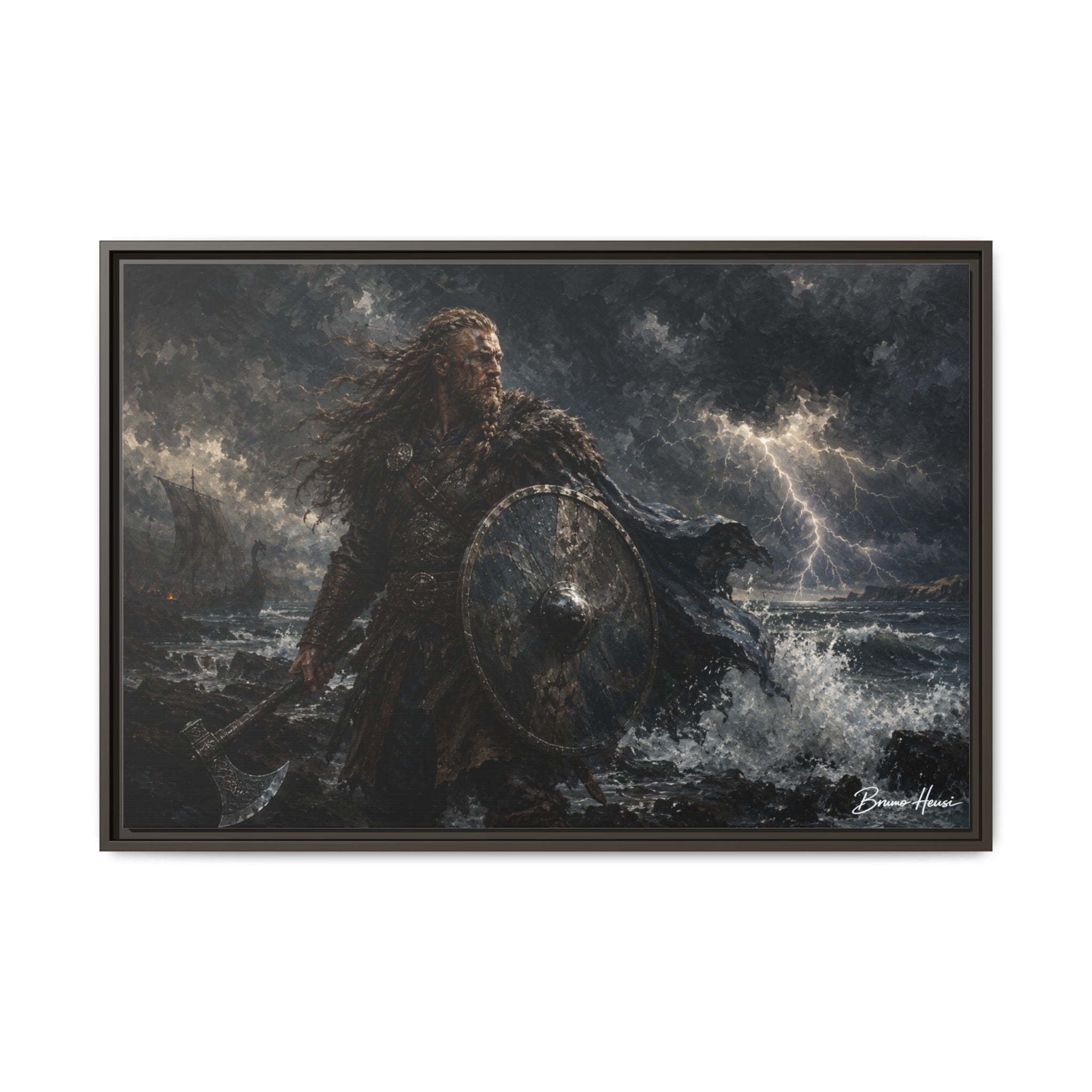 Viking Warrior Matte Framed Canvas Print — Stormy Norse Shield and Axe Wall Art