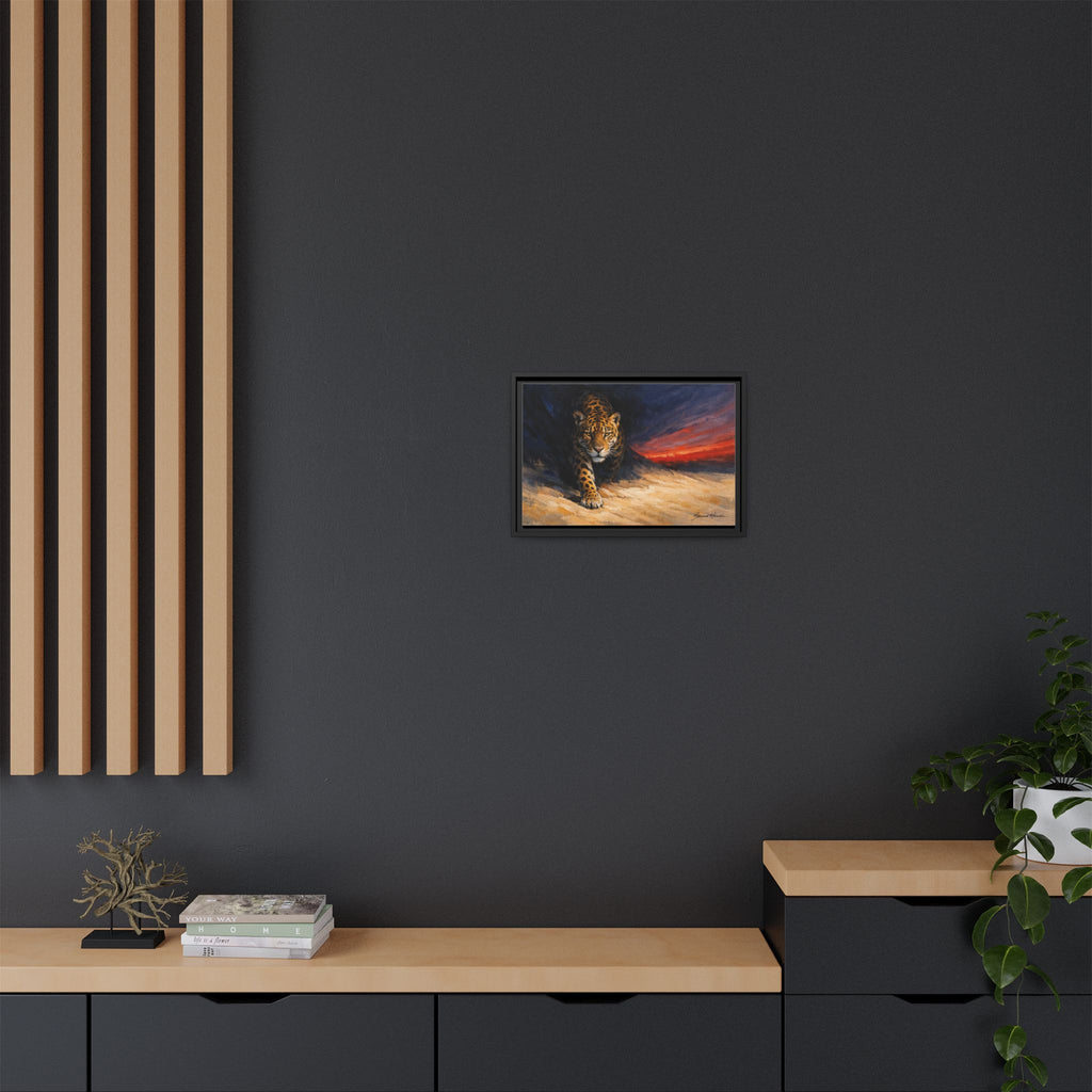 Framed Jaguar Canvas Art – Majestic Big Cat Painting with Sunset Sky