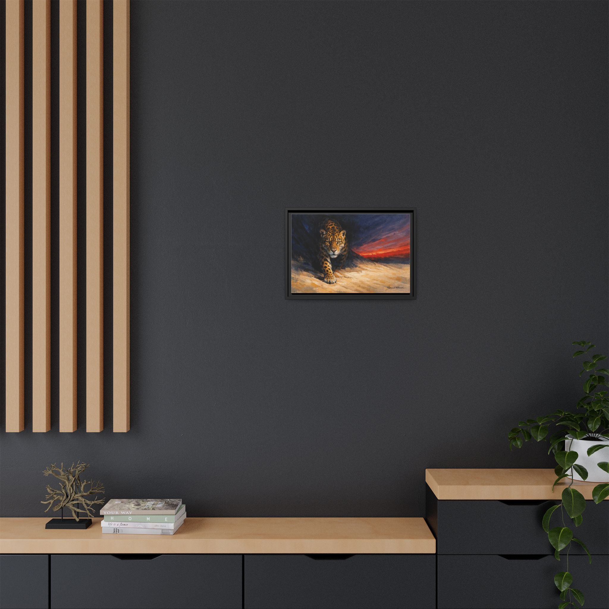 Framed Jaguar Canvas Art – Majestic Big Cat Painting with Sunset Sky