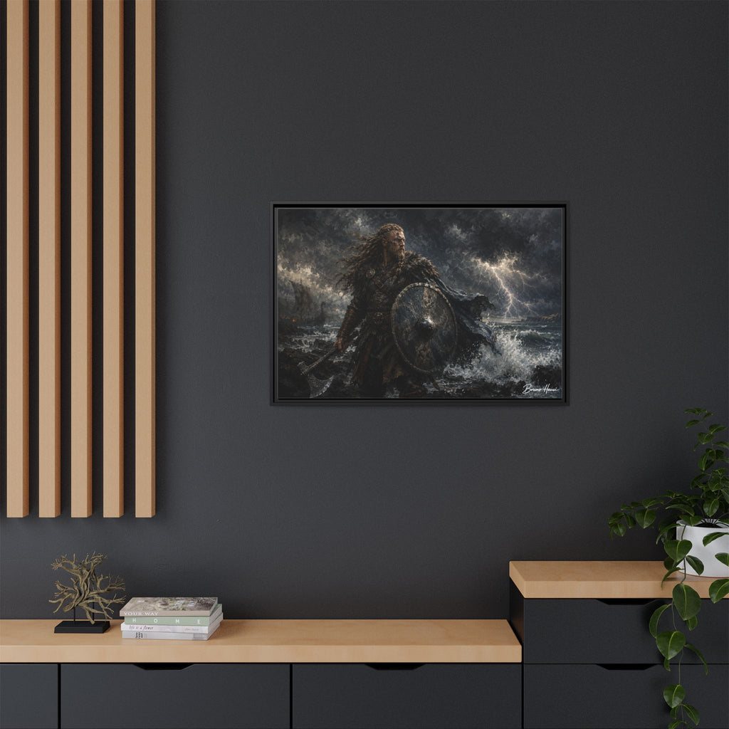 Viking Warrior Matte Framed Canvas Print — Stormy Norse Shield and Axe Wall Art