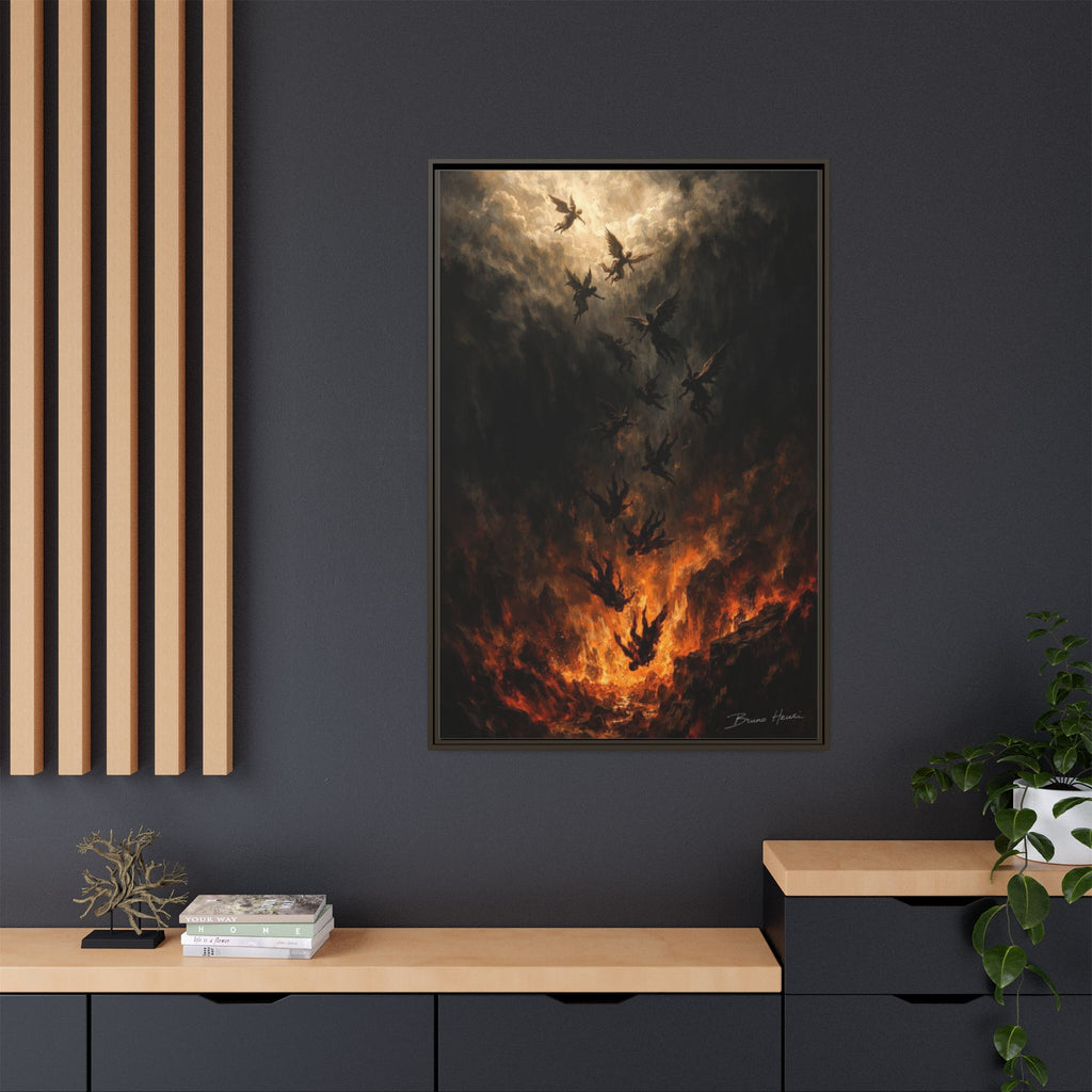 Falling Angels Matte Framed Canvas Print — Dark Fantasy Wall Art