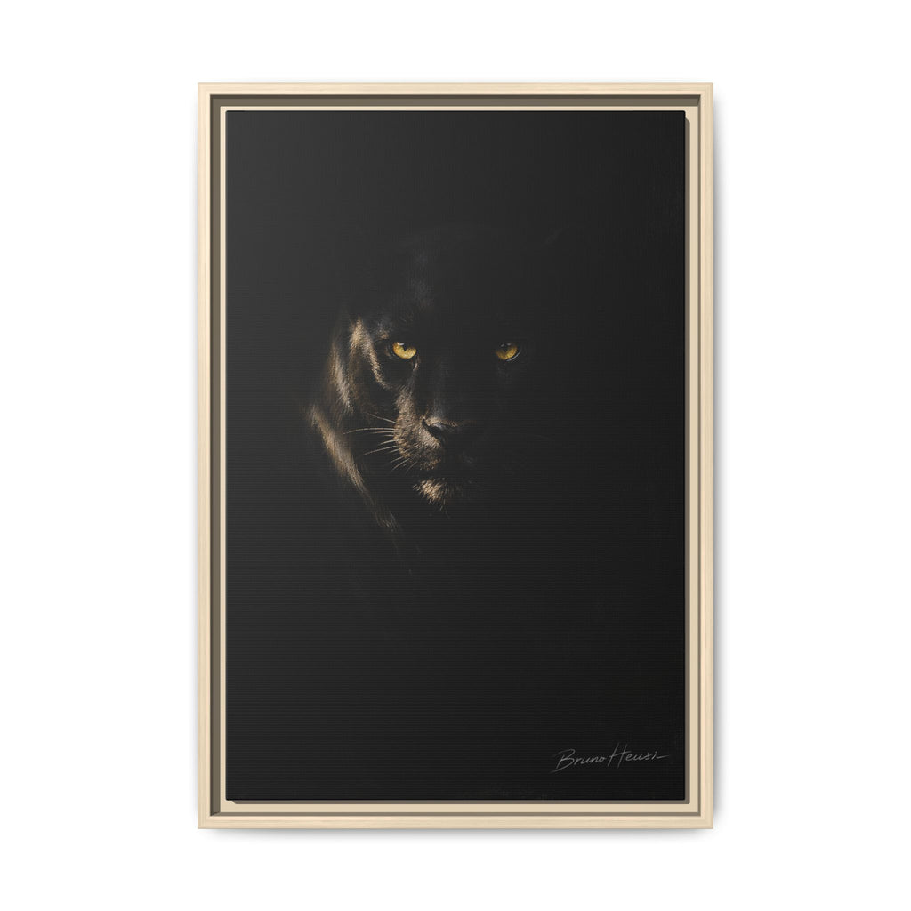 Framed Matte Canvas - Black Panther Wall Art with Golden Eyes