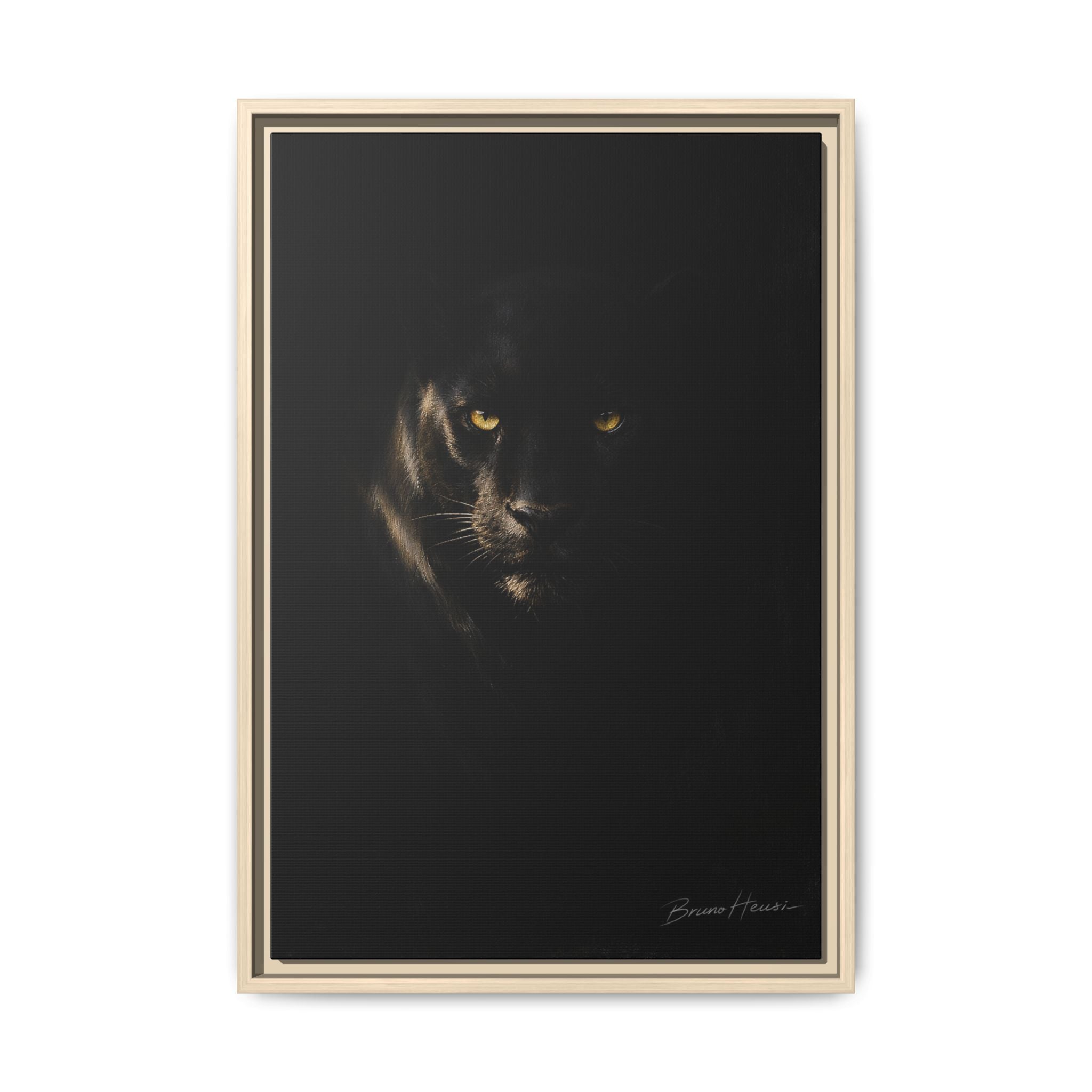 Framed Matte Canvas - Black Panther Wall Art with Golden Eyes