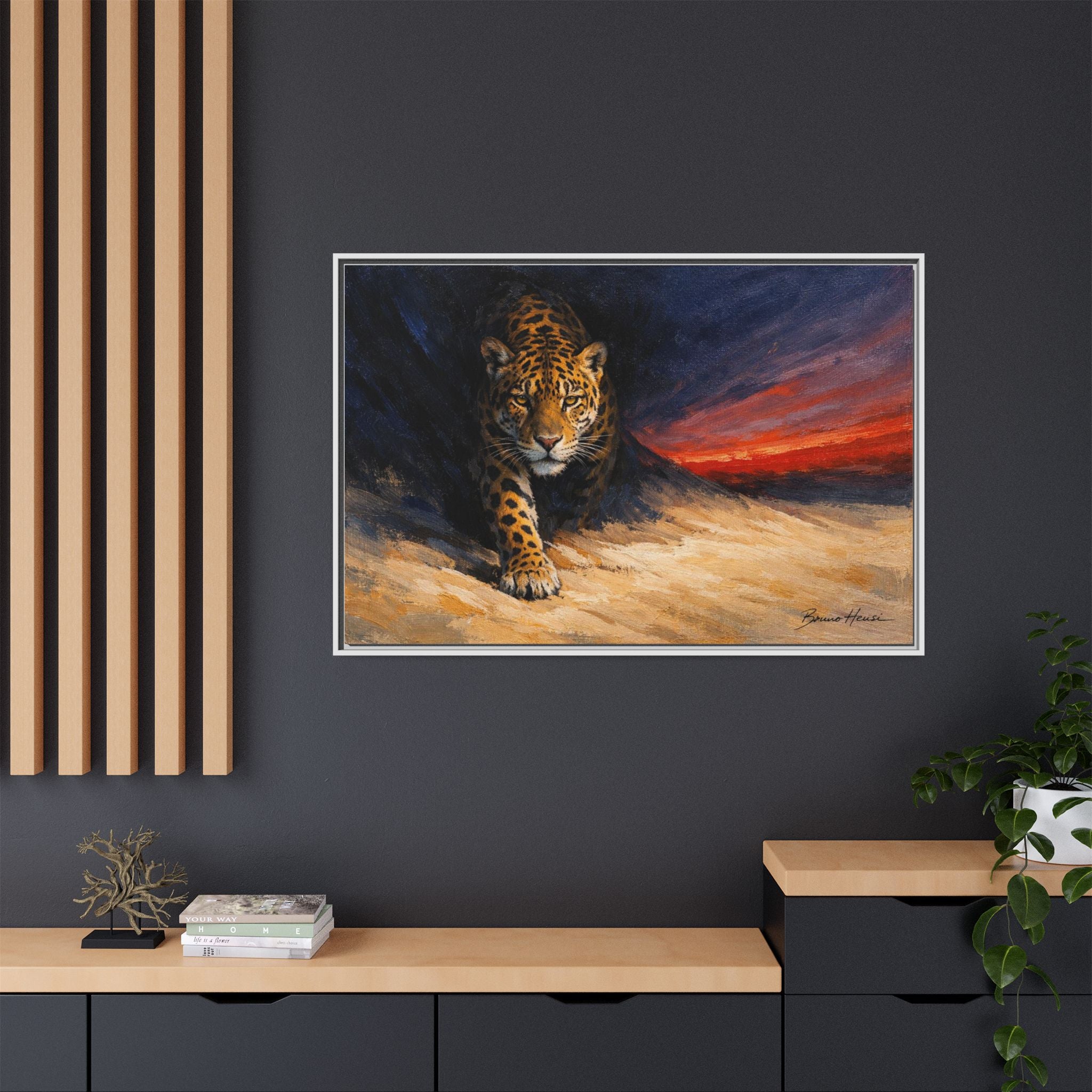 Framed Jaguar Canvas Art – Majestic Big Cat Painting with Sunset Sky