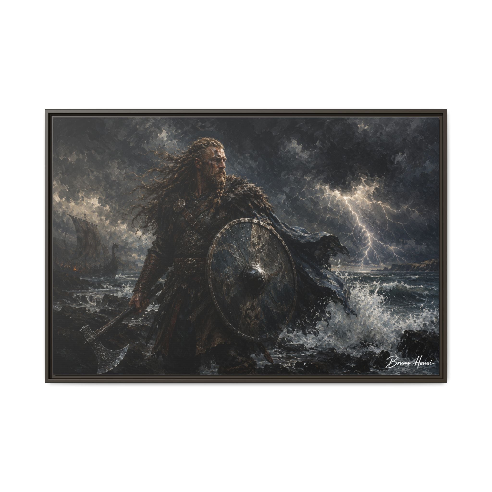 Viking Warrior Matte Framed Canvas Print — Stormy Norse Shield and Axe Wall Art
