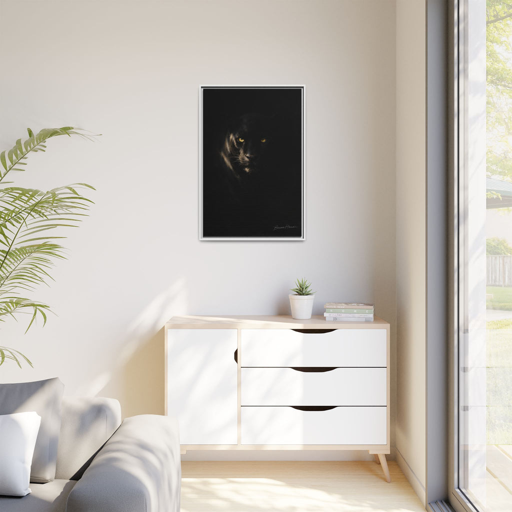 Framed Matte Canvas - Black Panther Wall Art with Golden Eyes